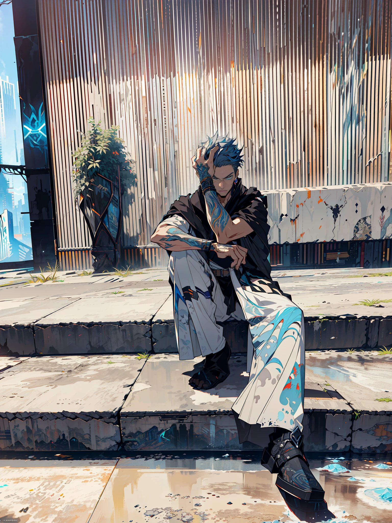 Cyberpunk male, fantasy world, dark background, clean design, epic instagram, artstation, colorful paint splatter, silhouette, hyper detailed intricate details, unreal engine, fantasy, intricate details, splash screen, complementary colors, Fantasy concept art, 8k resolution, deviantart masterpiece, oil painting, heavy strokes, paint dripping, (isolated on white background: 1.3), rainbow skin, (((handsome young man))), ((teenage:1.5) ), (glowing blue eyes), ((light eyes)), ((((short white hair: 1.1))), ((black clothes)), (prince\\(indifferent expression\\),, ( ((Wears high detail luxurious black robe))), white hair, frost magic, ((chest) --v 6