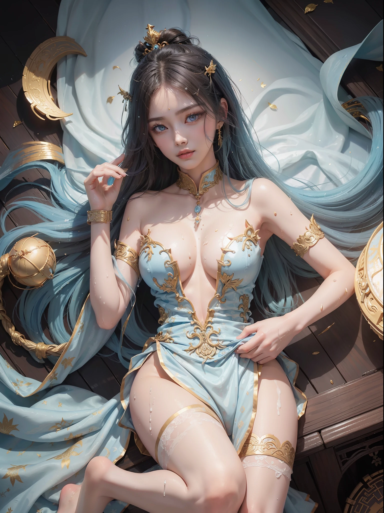 A Buddhist Bodhisattva Girl, (Masterpiece, Top Quality, Best Quality, Official Art), (KPOP idol), (Super Long Hair, Messy Long Flowing Hair, Light Blue Long Hair), Delicate Jewelry, Delicate Bracelet, Delicate Hair Ornament, High Feeling, Aperture on the Back, Fairy Fluttering, Looking Up View, Bare Feet, Golden Bracelet on Ankle, Ancient Chinese Costumes, (Conservative Clothes), (Gorgeous Silk, Flowing Tulle, Flying Silk Around), dazzling background, Golden aperture on the back, gold Falun in the back, best light, best shadow, movie lighting, mystery, background pure black with ring aperture, ultra HD, 8k, fair skin, Wolp_style, duhuang_style, upper body close-up, detailed face, (sideways: 1.5), (big eyes: 1.3, long eyelashes, delicate makeup, blush) 28 years old, 1girl, dressed decently, super long clothes, one leg on the ground, left hand to do bergamen on chest, The other is raised above the head to do bergamot, surrealism, photo, realistic, {(surfacing from a clear pool, (body surrounded by splashes: 2.0), splashes, water ripples)}, (wet clothes: 1.5) (wet body: 3.0), (wet hair: 1.5)}, medium chest, 48KG weight, smooth skin, light blue pupils, detailed eye painting, (super white skin, supple skin), (face focus, bend over to look at the camera, capture), light hitting the face