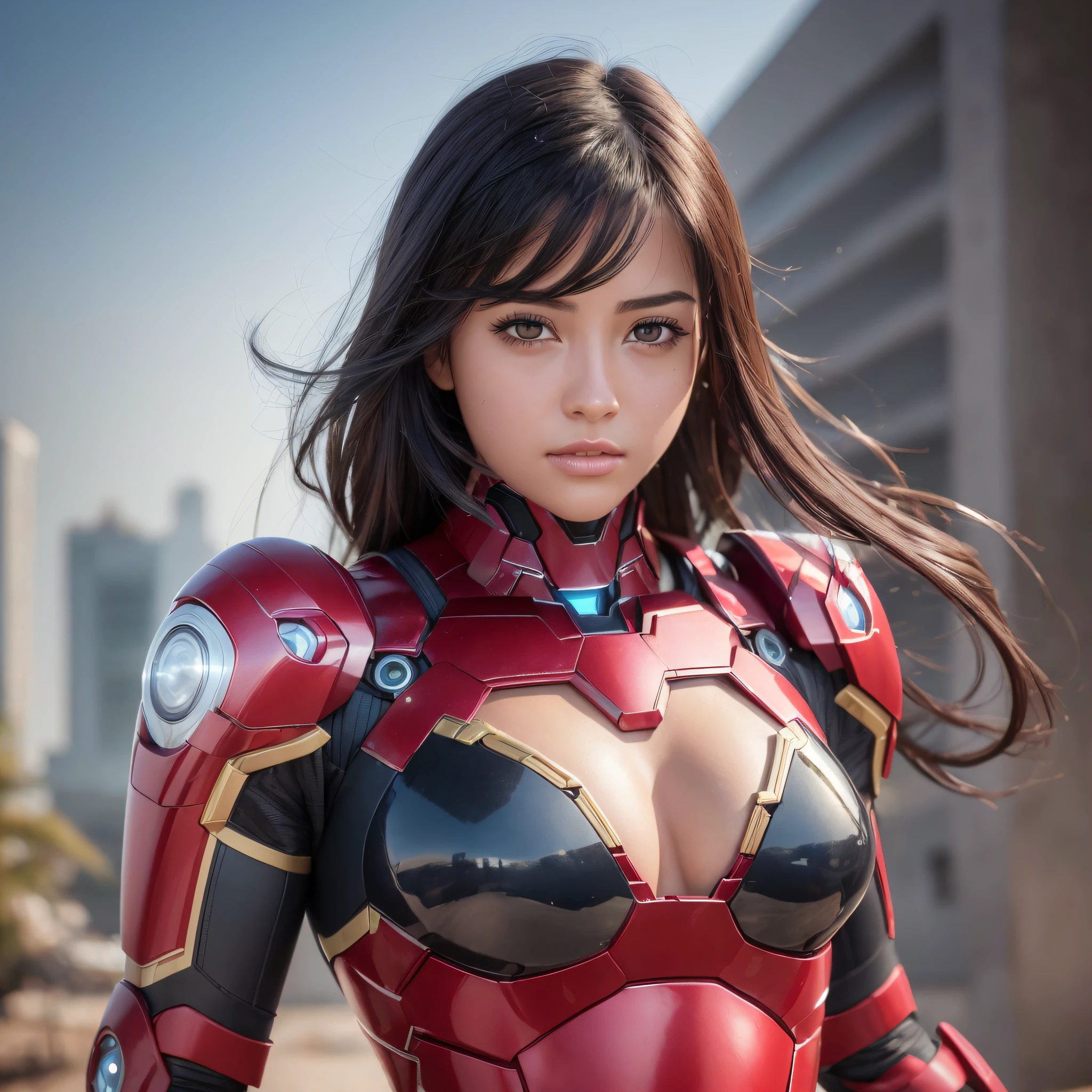 (8k, RAW photo, best quality, masterpiece:1.2), (realistic, photo-realistic:1.37) 1 beautiful girl, black hair, wear bikini mix iron man mech,detail face --auto --s2