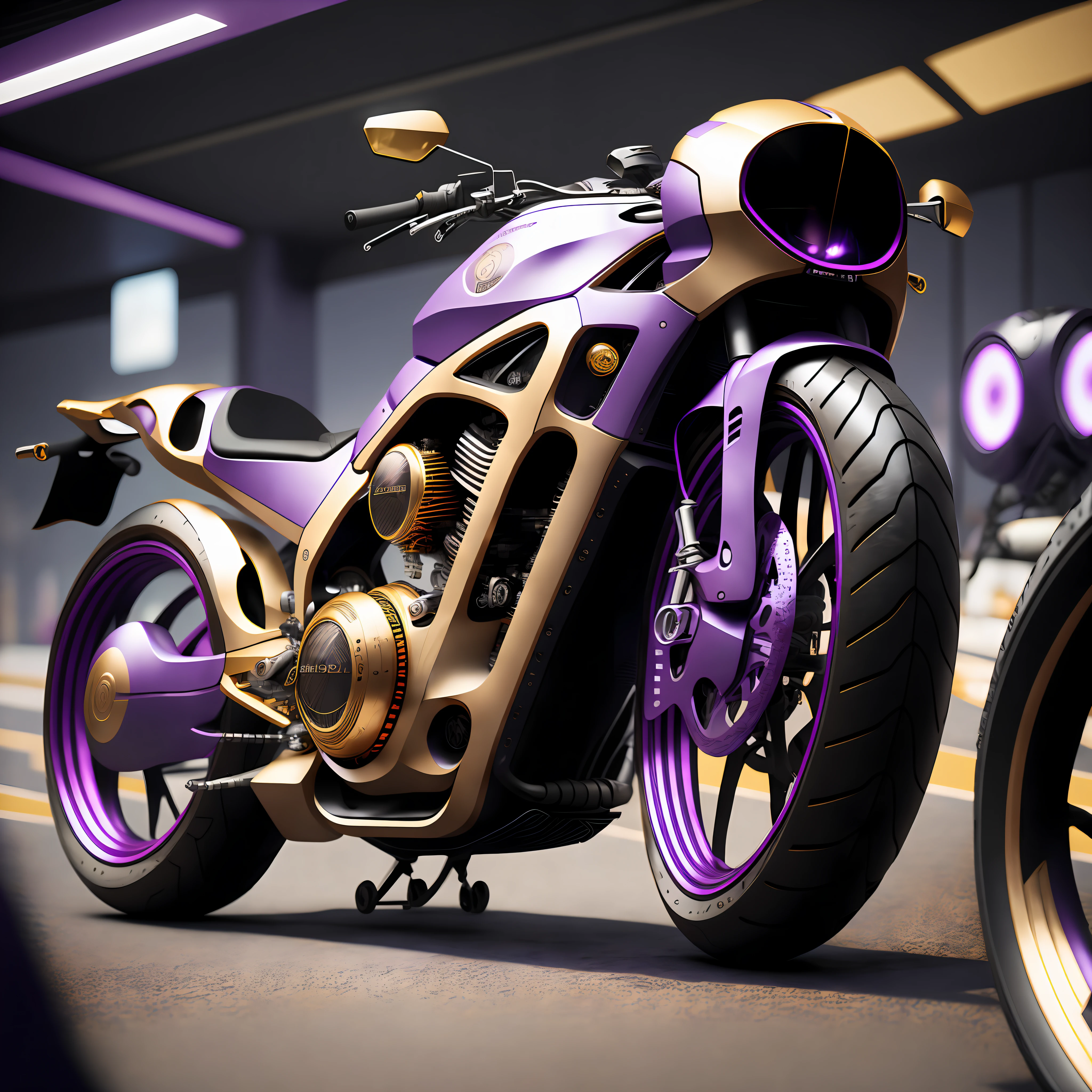 purple and gold motorcycle parked in a parking garage with other motorcycles, cycles 3 d render, cycle render, 8k octane 3d render, cycles4d render, cycles render 4k, daniel maidman octane rendering, rendered in cinema 4 d octane, 8 k octane detailed render, hyper detailed 3d render, hyper detailed 3 d render, 3d high octane render