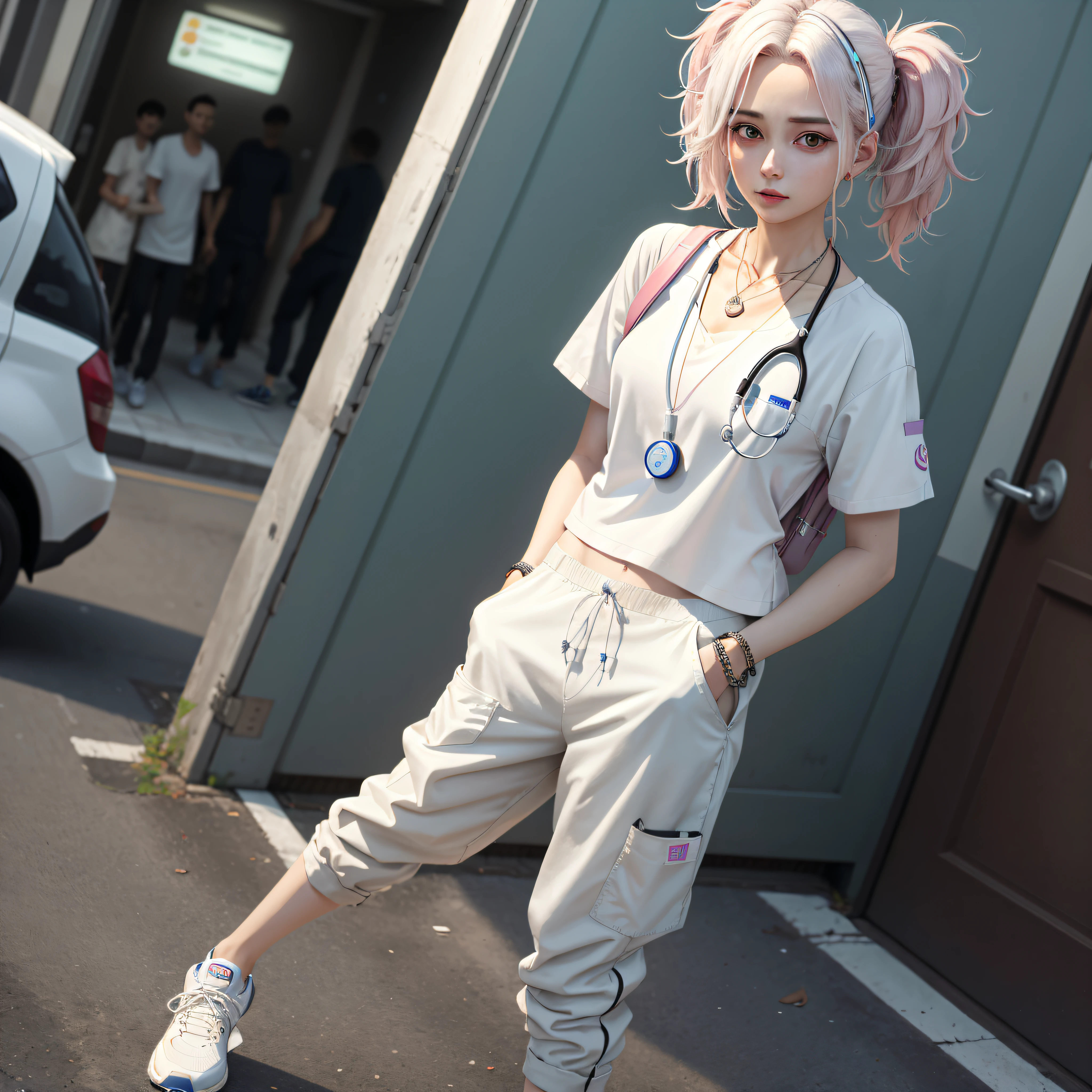 4k, realistic, carismatic, very detail, there is a girl in hospital, she is a doctor, baggy pants, white theme, cute hair, 25 years old, full body, wearing nike shoes, necklace, wearing many bracelet, wearing a stethoscope on neck
