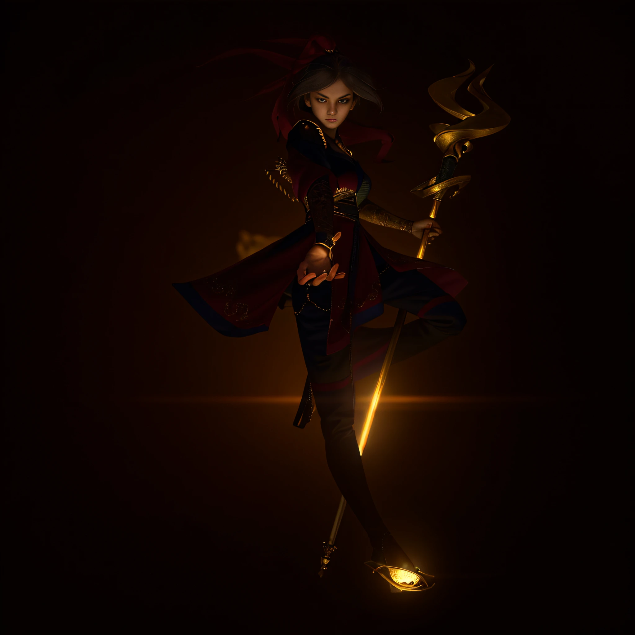 (highest quality: 1.3), cinematic lenses, masterpieces, (sharp focus: 1.5), (realism: 1.3), medium portrait, a woman with a staff, now a leader, wearing a delicate robe, a few torches lit on the wall, giving the scene a dark atmosphere, but shaping the body in chiaroscuro), it's night, (highly fine skin), (fine face), detailed background, dark lighting, twilight lighting, volumetric lighting, intricate details, UHD, energy on hand,