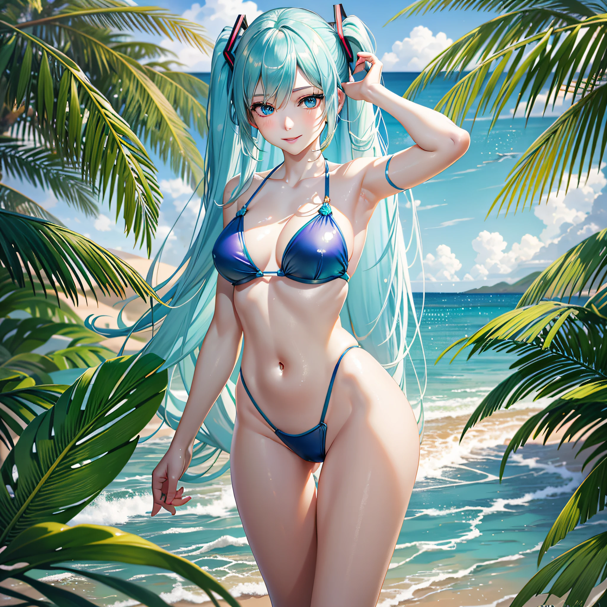 pale tone, photorealistic, beautiful attractive anime girl, super detailed, smile, beautiful blue eyes, beautiful style, Hatsune Miku, slender, gentle expression, (seductive anime girl), full body, beautiful skin, sexy swimsuit, resort beach, backwards, distant background,