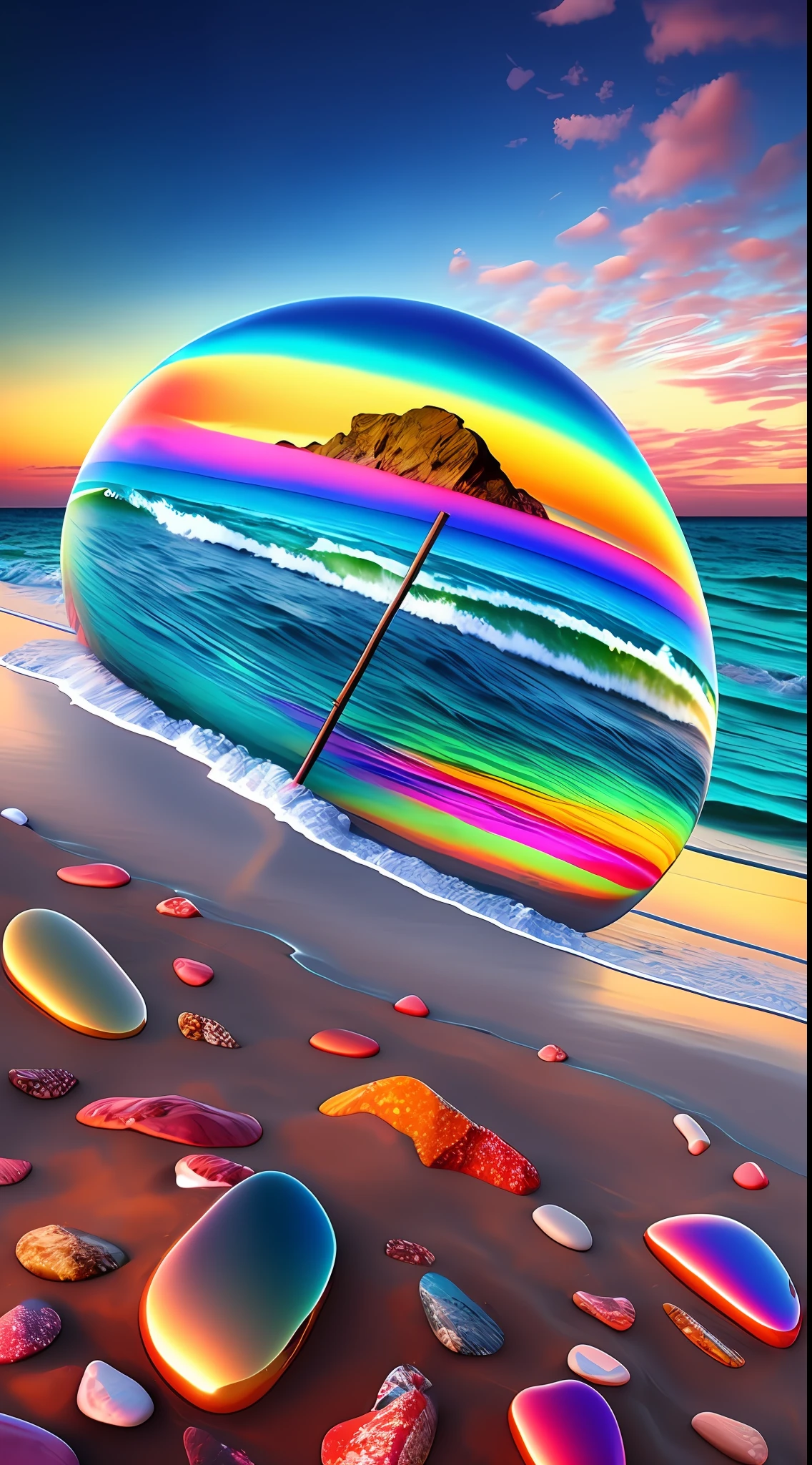 East Pole Island, beach, tide, waves, evening, sunset, transparent pebbles, super realistic, surreal, 16k HD, rainbow umbrella