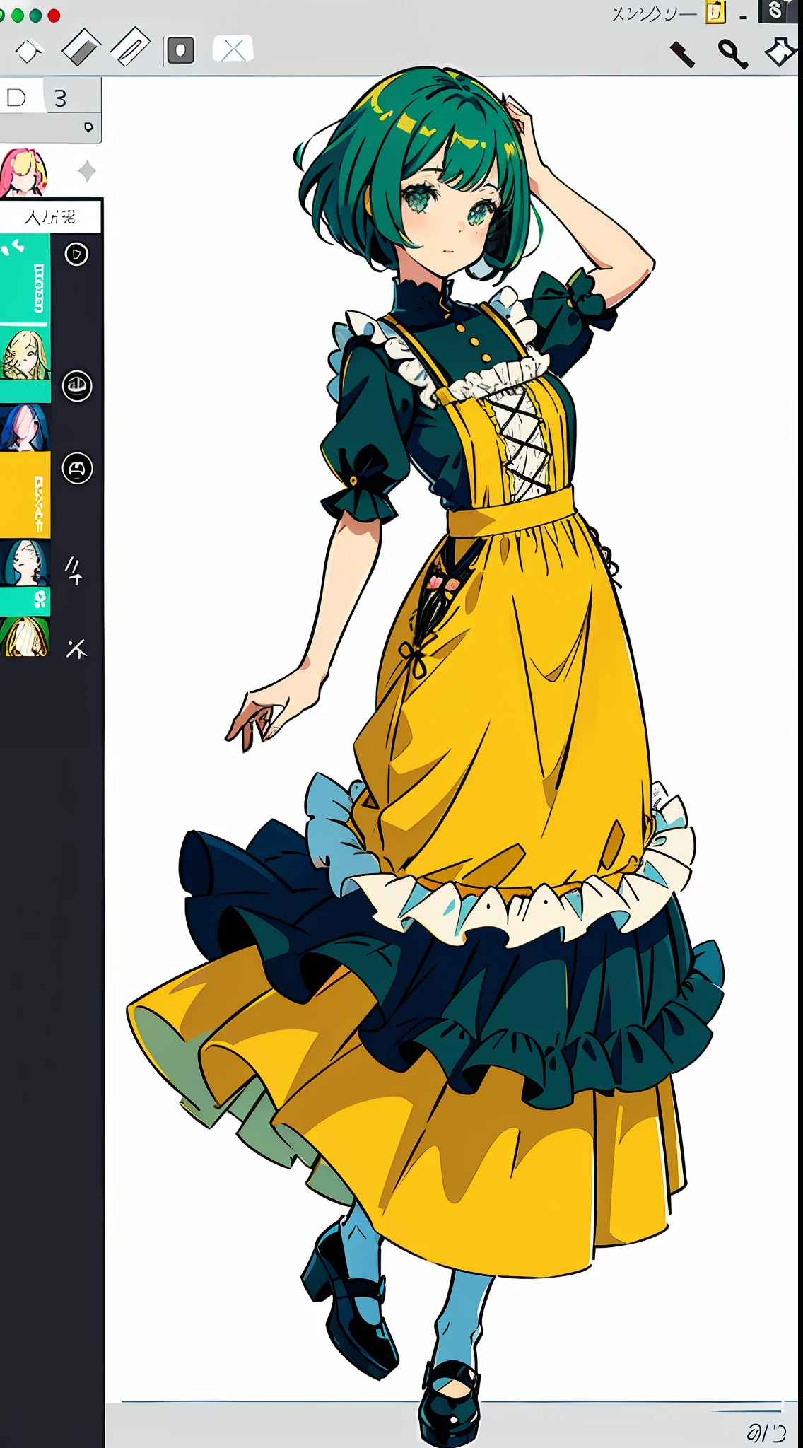(white background): 2.0, front view, 1 girl, serene expression, charming eyes, composed pose, porcelain skin, subtle blush, soft shadow, Unity 8k wallpaper, smiley face, green hair, Bob hair, black eyes, visual novel sprite, standing, full body single character, no background, white background only, eyelash trim, lace decoration, yellow-red costume, cute lolita maxi dress, lace stockings, overall view, anime full body illustration,