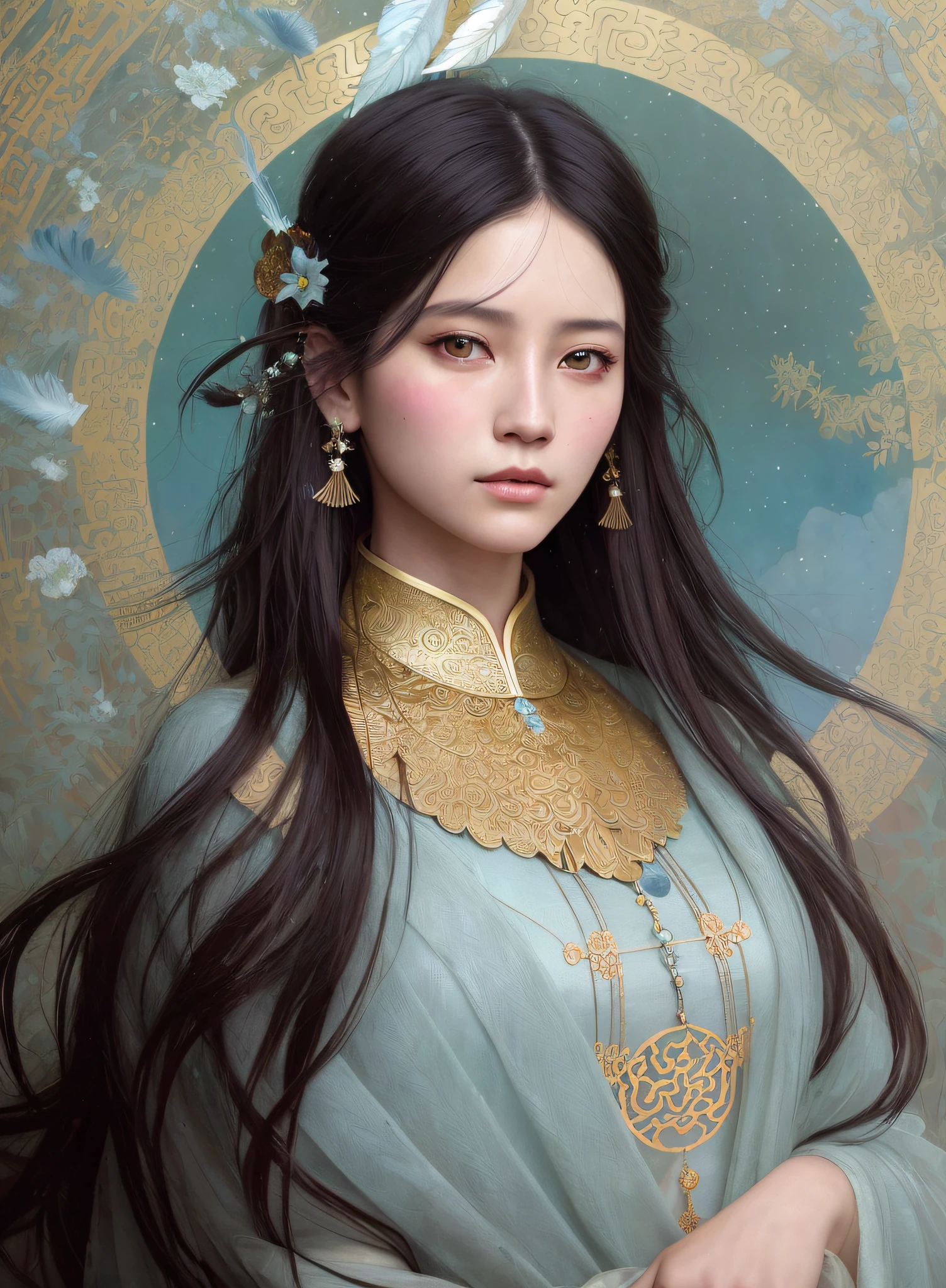 High quality, masterpiece, masterpiece, exquisite facial features, exquisite hair, exquisite eyes, exquisite color hair, 4K picture quality, gorgeous light and shadow, Tyndall effect, halo, messy hair, young state, gorgeous scene, exquisite clothes, chains, feathers, ancient chinese beauty with big eyes very detailed, digital painting, artstation, concept art, sharp focus, illustration, art by greg rutkowski and alphonse mucha and victo ngai