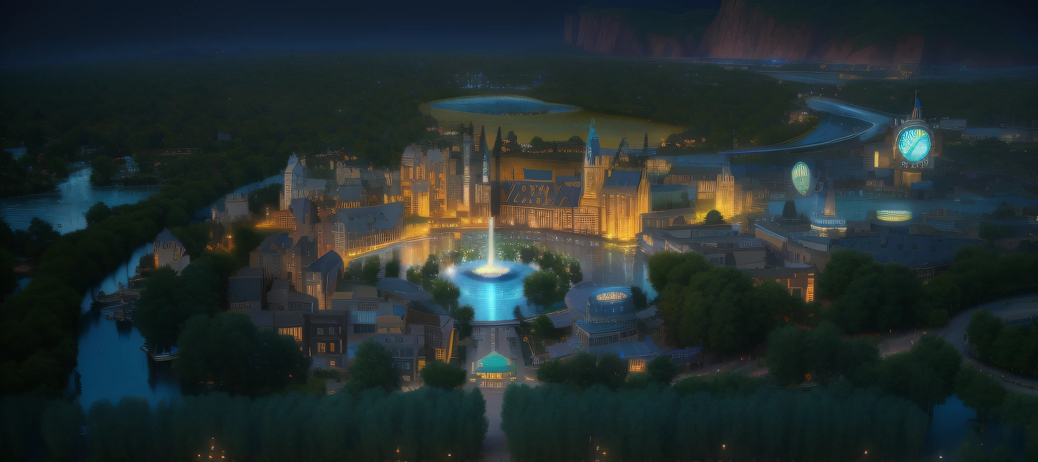 arafed view of a town with a clock tower and a water fountain, pixar rendering, pixar film setting, pixar highly detailed, pixar zootopia. 3 d rendering, render in pixar, pixar 3d render, pixar movie panorama, pixar render, disney render, nighttime foreground, pixar studios, pixar still, pixar concept art, disney studios, pixar animation studio