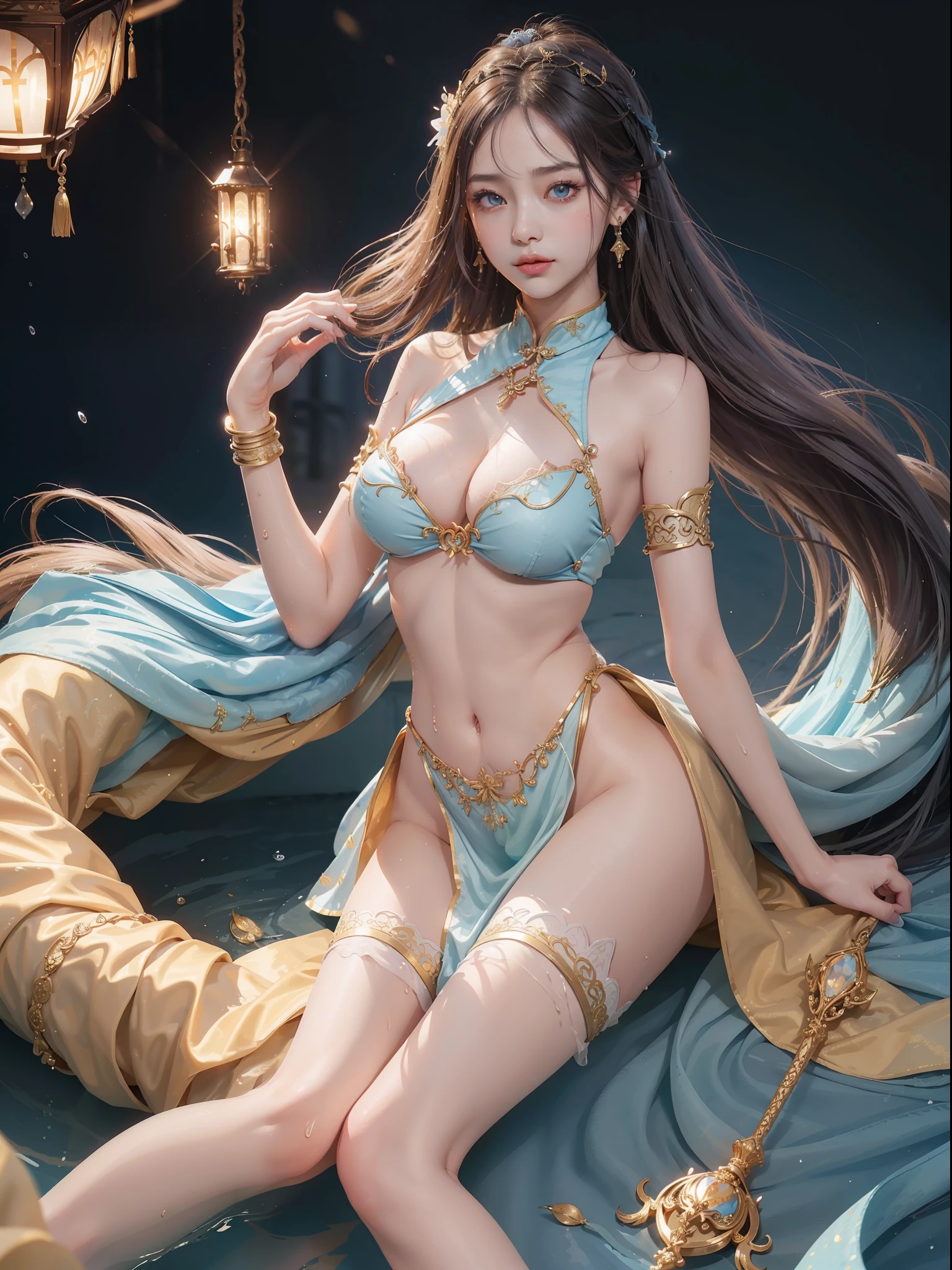 A Buddhist Bodhisattva Girl, (Masterpiece, Top Quality, Best Quality, Official Art), (KPOP idol), (Super Long Hair, Messy Long Flowing Hair, Light Blue Long Hair), Delicate Jewelry, Delicate Bracelet, Delicate Hair Ornament, High Feeling, Aperture on the Back, Fairy Fluttering, Looking Up View, Bare Feet, Golden Bracelet on Ankle, Ancient Chinese Costumes, (Conservative Clothes), (Gorgeous Silk, Flowing Tulle, Flying Silk Around), dazzling background, Golden aperture on the back, gold Falun in the back, best light, best shadow, movie lighting, mystery, background pure black with ring aperture, ultra HD, 8k, fair skin, Wolp_style, duhuang_style, upper body close-up, detailed face, (sideways: 1.5), (big eyes: 1.3, long eyelashes, delicate makeup, blush) 28 years old, 1girl, dressed decently, super long clothes, one leg on the ground, left hand to do bergamen on chest, The other is raised above the head to do bergamot, surrealism, photo, realistic, {(surfacing from a clear pool, (body surrounded by splashes: 2.0), splashes, water ripples)}, (wet clothes: 1.5) (wet body: 3.0), (wet hair: 1.5)}, medium chest, 48KG weight, smooth skin, light blue pupils, detailed eye painting, (super white skin, supple skin), (face focus, bend over to look at the camera, capture), light hitting the face