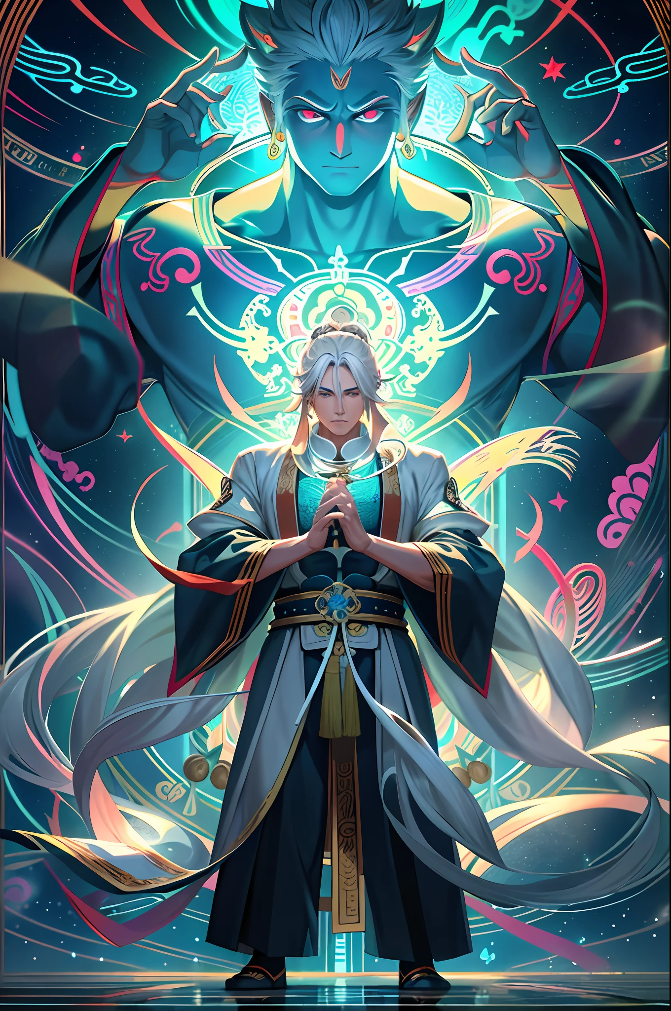 (masterpiece:1.2), best quality,PIXIV,taoist,solo,(a man),Strong and muscular,white hair, perfect face,standing in front of blonde glowing taoist buddha ,transparent buddha ,Hands folded, expression serious,