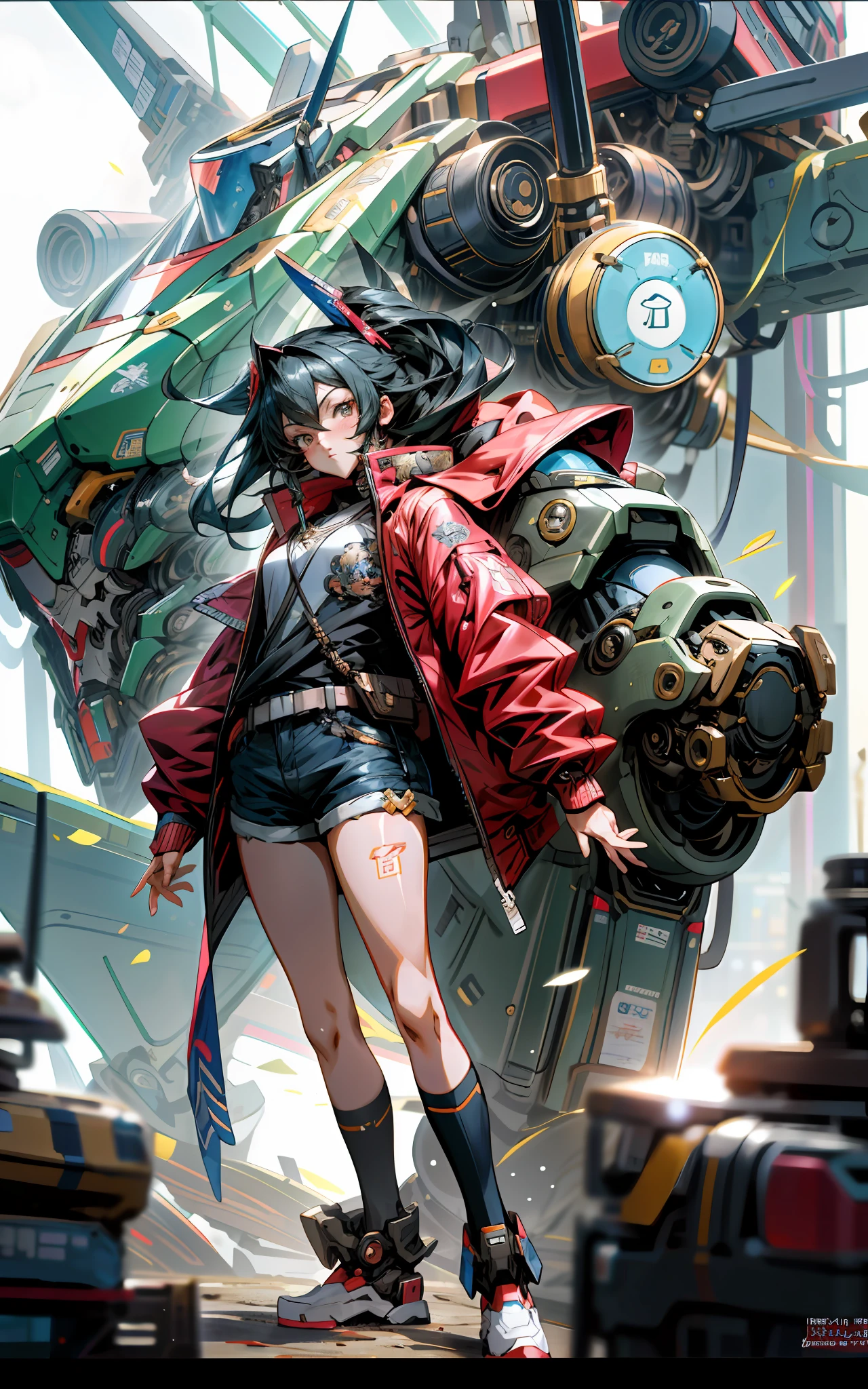 anime character with jacket standing in front of a futuristic mecha robot  cyberpunk anime girl, girl in jacket and short shorts, female mecha, best anime 4k konachan wallpaper, by Krenz Cushart, cushart krenz key art feminine, inspired by Krenz Cushart, mechanized valkyrie girl, modern mecha anime