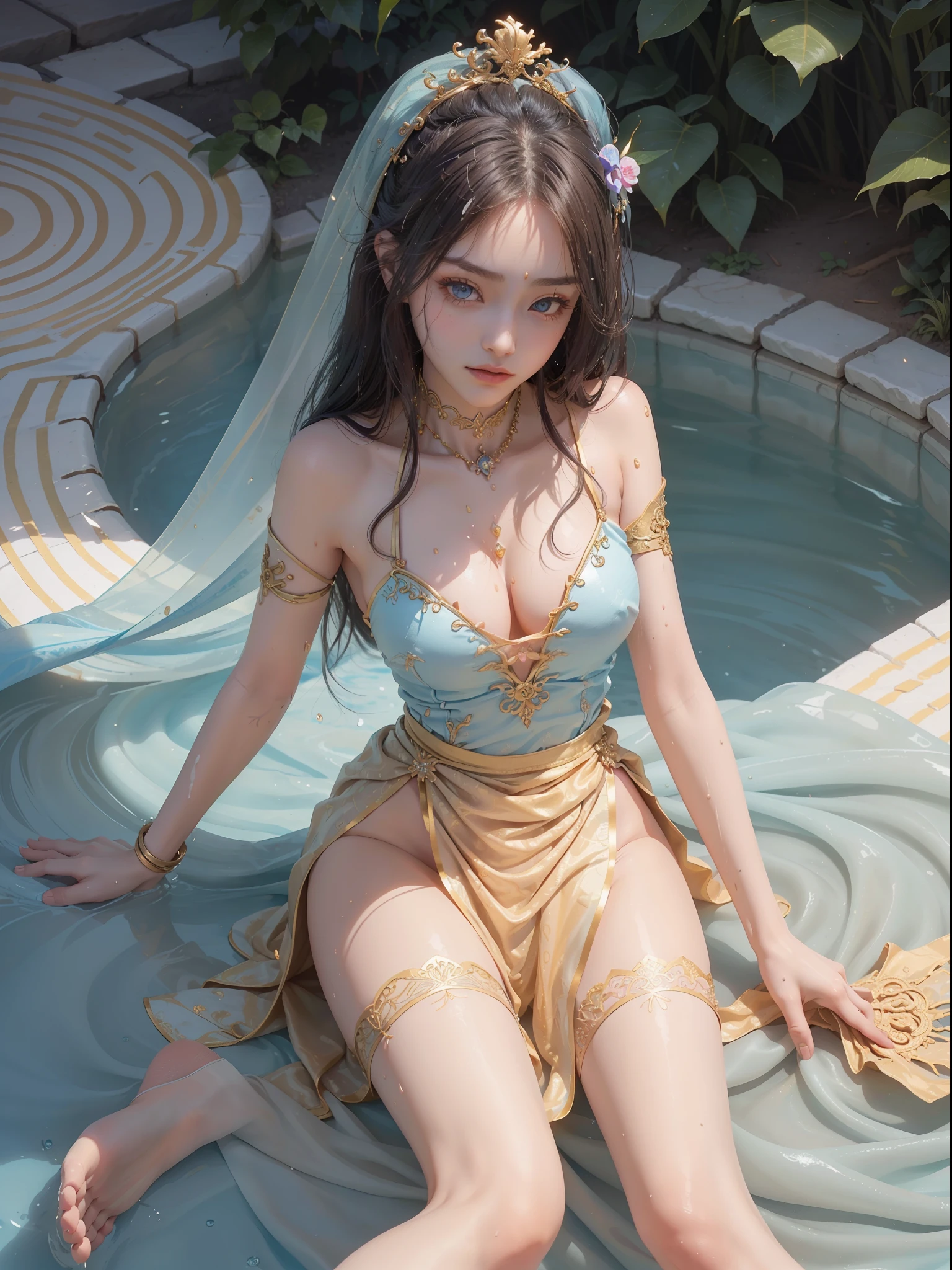 A Buddhist Bodhisattva Girl, (Masterpiece, Top Quality, Best Quality, Official Art), (KPOP idol), (Super Long Hair, Messy Long Flowing Hair, Light Blue Long Hair), Delicate Jewelry, Delicate Bracelet, Delicate Hair Ornament, High Feeling, Aperture on the Back, Fairy Fluttering, Looking Up View, Bare Feet, Golden Bracelet on Ankle, Ancient Chinese Costumes, (Conservative Clothes), (Gorgeous Silk, Flowing Tulle, Flying Silk Around), dazzling background, Golden aperture on the back, gold Falun in the back, best light, best shadow, movie lighting, mystery, background pure black with ring aperture, ultra HD, 8k, fair skin, Wolp_style, duhuang_style, upper body close-up, detailed face, (sideways: 1.5), (big eyes: 1.3, long eyelashes, delicate makeup, blush) 28 years old, 1girl, dressed decently, super long clothes, one leg on the ground, left hand to do bergamen on chest, The other is raised above the head to do bergamot, surrealism, photo, realistic, {(surfacing from a clear pool, (body surrounded by splashes: 2.0), splashes, water ripples)}, (wet clothes: 1.5) (wet body: 3.0), (wet hair: 1.5)}, medium chest, 48KG weight, smooth skin, light blue pupils, detailed eye painting, (super white skin, supple skin), (face focus, bend over to look at the camera, capture), light hitting the face