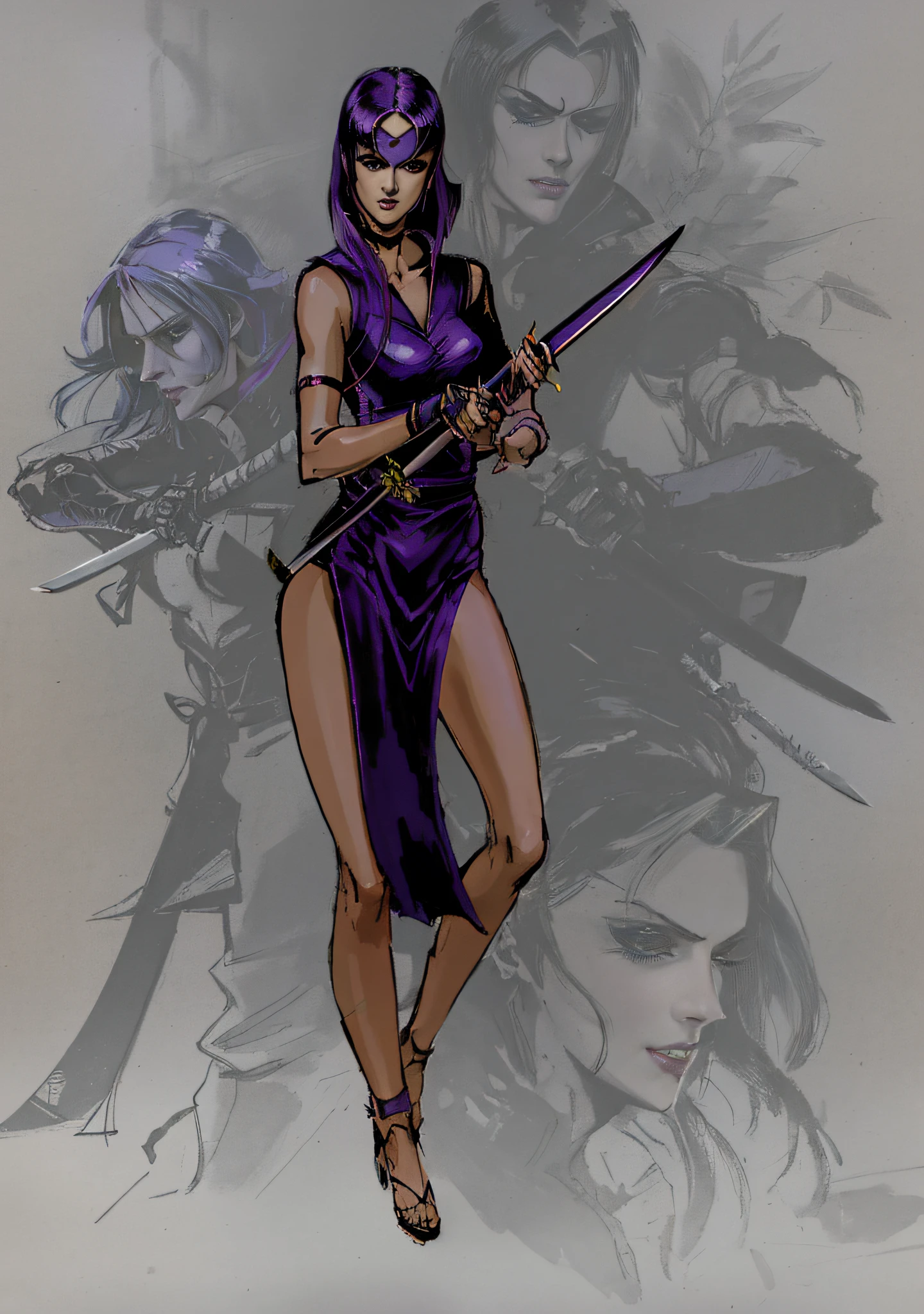 arafed image of a woman in a purple dress holding a knife, she is holding a katana sword, nico robin, katana zero video game character, female assassin, portrait ninja gaiden girl, beautiful female assassin, katana, kunoichi, unsheathing her katana, kate bishop, she is holding a sword, psylocke
