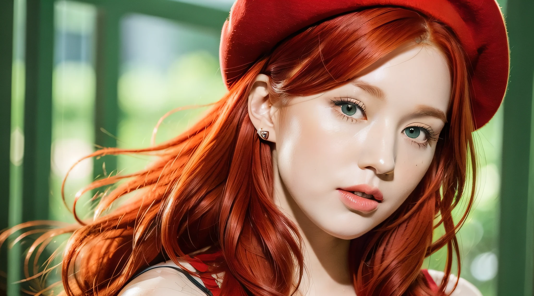 there is a woman with red hair wearing a red hat, red haired girl, red-haired girl, red-haired girl, she has red hair, red head, young red-haired girl, with red hair, red cheeks, red hat, she is redhead, red hair and attractive features, with red hair and green eyes, portrait of a girl with red hair, Red cap