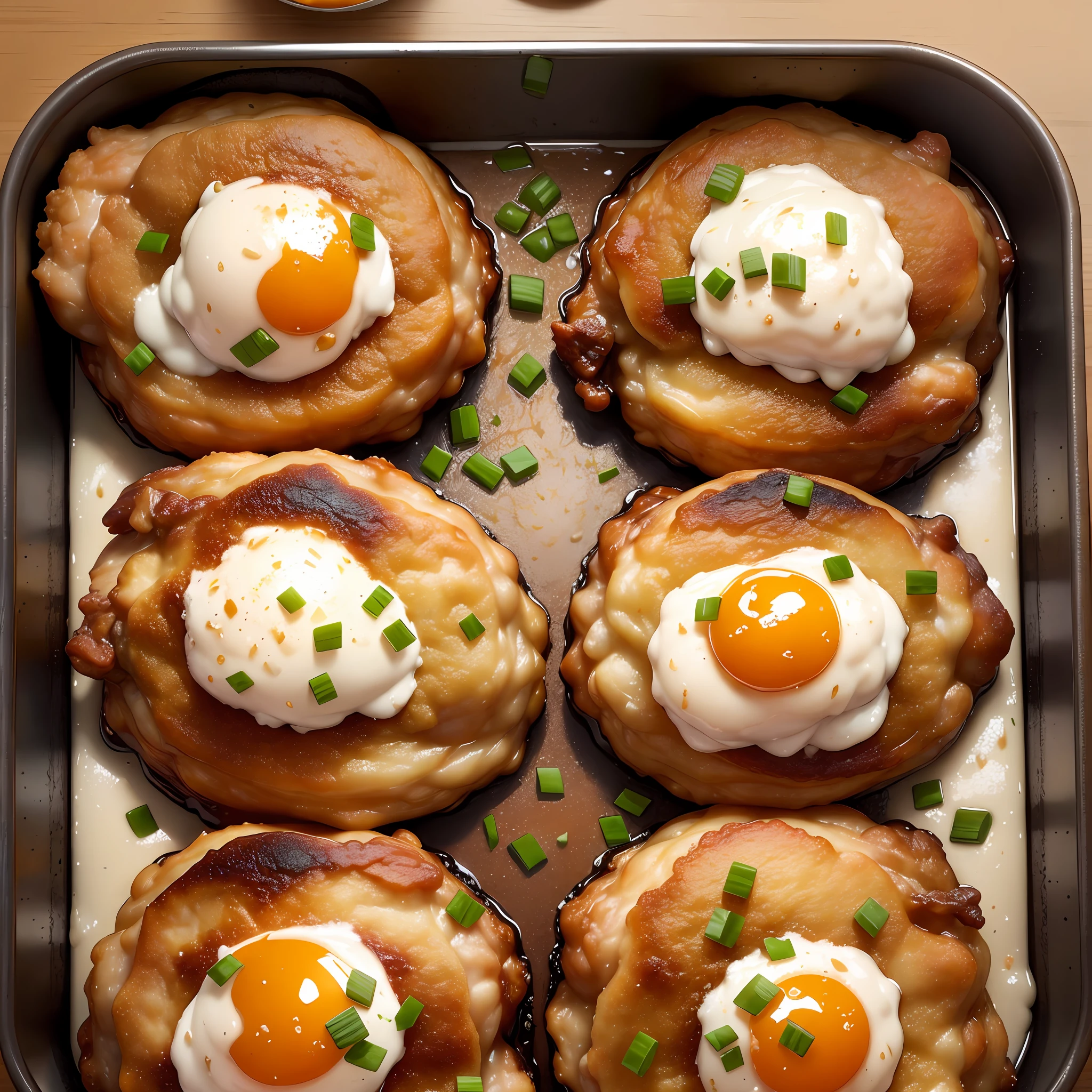 The fried chicken thighs are split in two, golden and crispy on the outside and juicy and tender on the inside. --auto --s2
