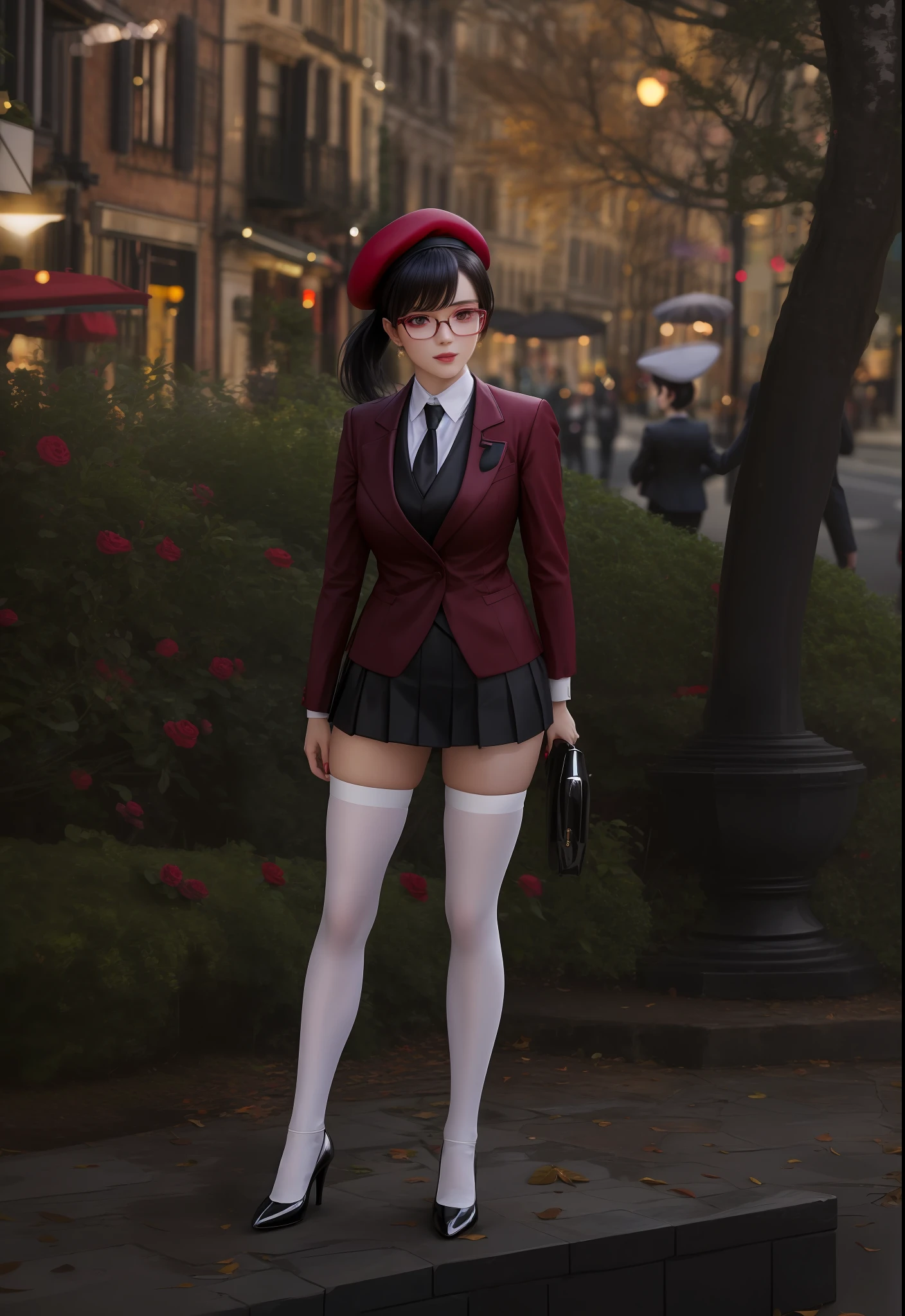 wine red heels, white tights to the thighs, black mini skirt, formal jacket with tie, short black hair with ponytail, a beret on the head, large breasts, large butt,best quality, masterpiece, 1girl, Beautiful face, (photo realistic:1.3), rim lighting, (high detailed skin:1.2), 8k uhd, dslr, high quality, high resolution, 4k, 8k, Bokeh, absurdres, best ratio four finger and one thumb, (realistic:1.3), cute 1girl, wearing black formal blazer, short skirt,con lentes