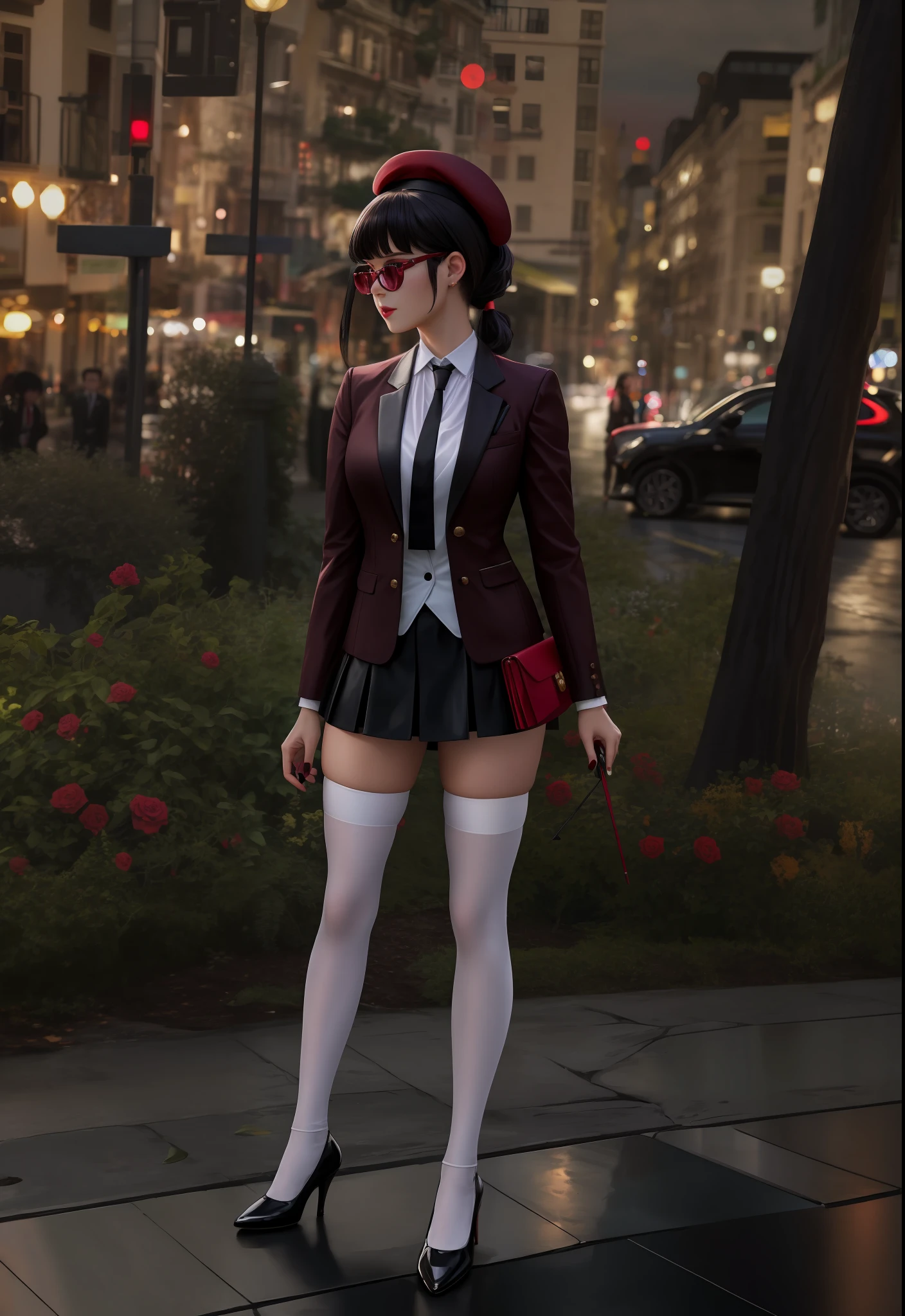 wine red heels, white tights to the thighs, black mini skirt, formal jacket with tie, short black hair with ponytail, a beret on the head, large breasts, large butt,best quality, masterpiece, 1girl, Beautiful face, (photo realistic:1.3), rim lighting, (high detailed skin:1.2), 8k uhd, dslr, high quality, high resolution, 4k, 8k, Bokeh, absurdres, best ratio four finger and one thumb, (realistic:1.3), cute 1girl, wearing black formal blazer, short skirt,con lentes
