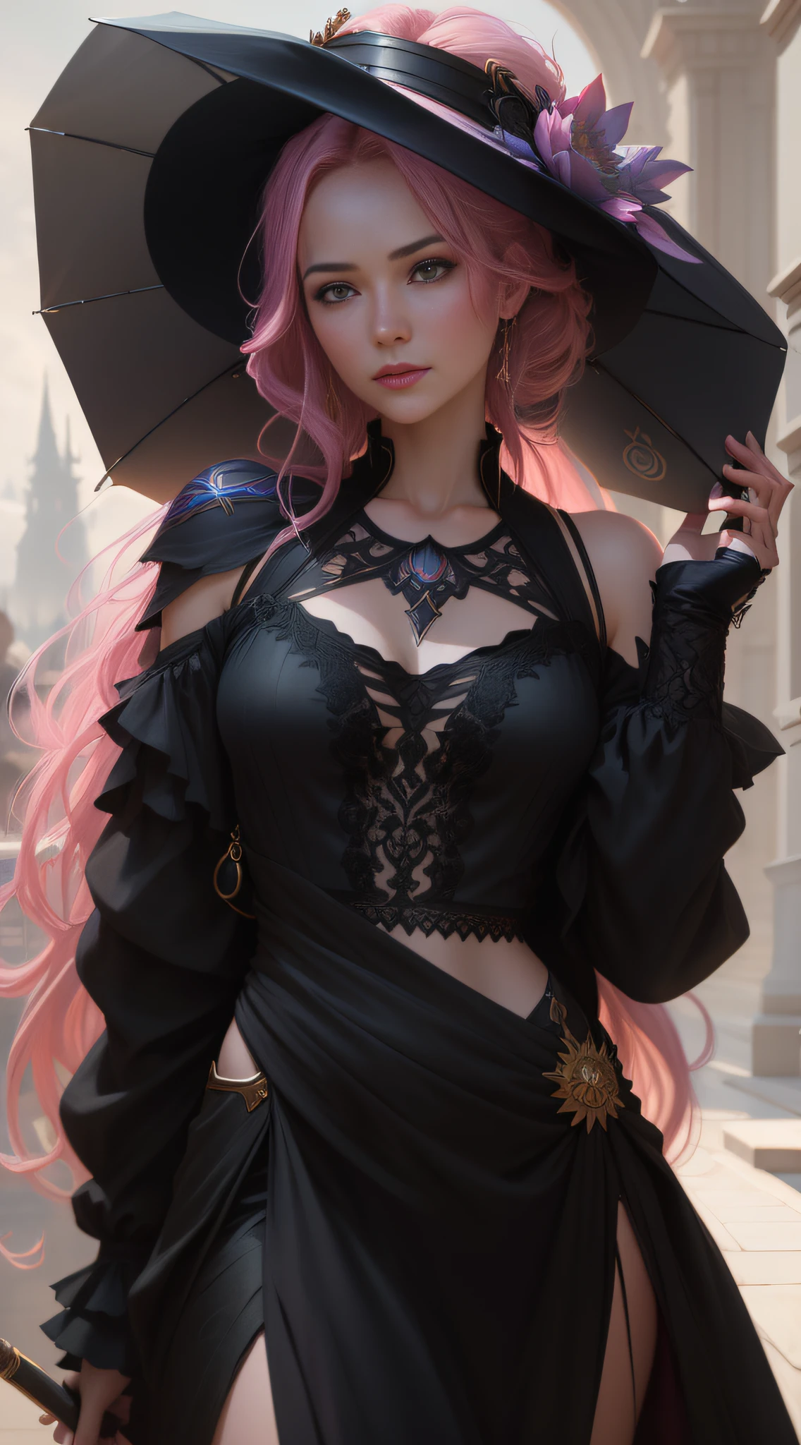 ((Masterpiece)) , pink hair, shoulder-length hair, by Anastasiya Dobrovolskaya, Donato Giancola, Karol Bak, Tom Bagshaw, Face by Artgerm and Edmund Leighton, Background by James Jean and Noah Bradley, Majestic, Volumetric Lighting, Photorealistic, Octane Render, Unreal Engine 5, Third Rule, Golden Ratio, (Highly Detailed Skin: 1.2), 16k UHD, HDR, DSLR, High Quality, Film Grain,  Fujifilm XT3