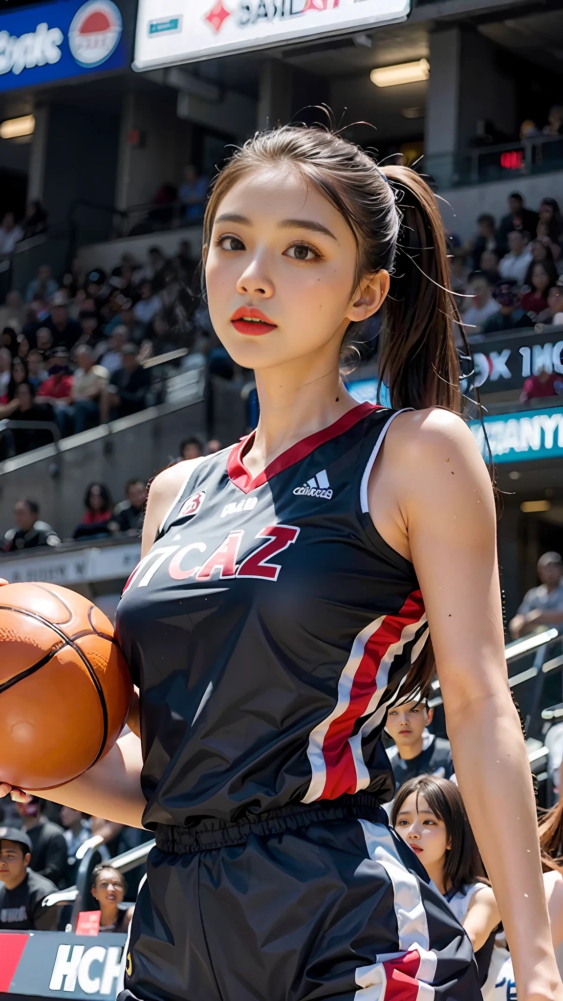 Woman in basketball suit, slam dunk