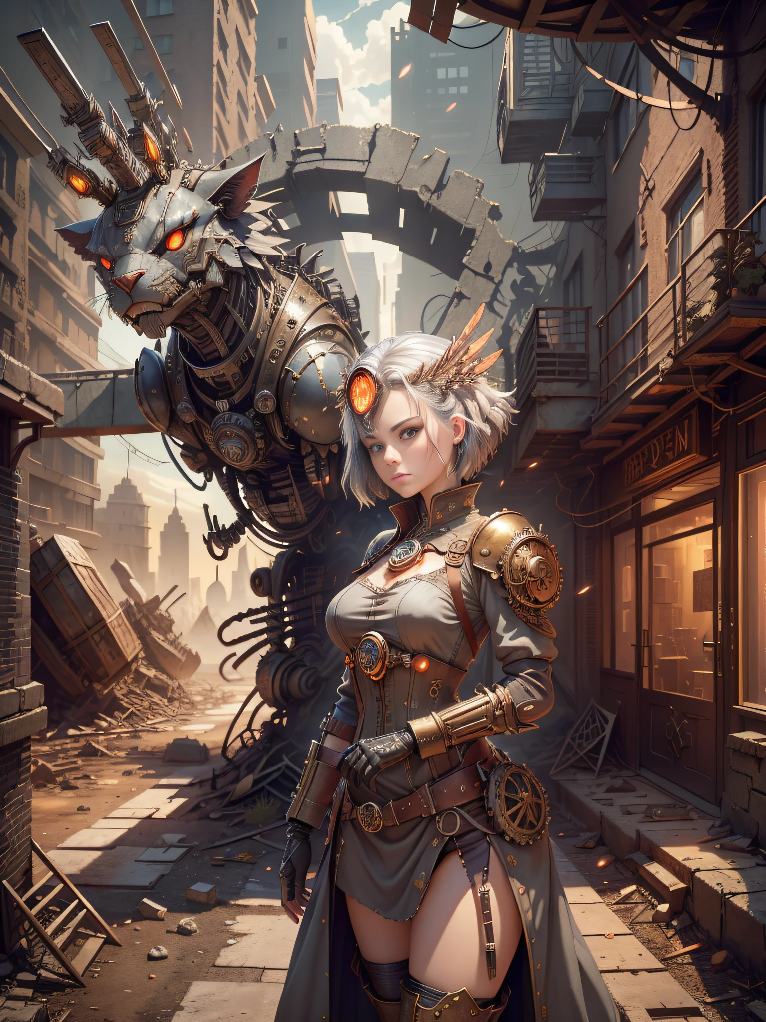 ((gray sky)), (best quality), (ultra-detailed color), (((battlefield, city ruins, broken buildings, damaged machinery))), perfect composition, best elaboration, (golden ratio: 1.2), HDR, dramatic, cinematic lighting, huge details, masterpiece, (realism: 1.4), absurdity, cinema lights, (best vista photos of mechanical girls), 1girl, short hair, (torn clothes), red glowing eyes, broken headdress, Extremely detailed faces, fantasy sci-fi creatures, surrealism, steampunk, intricate design, extremely detailed, exquisite details, (((overhead shot)))), (((background bokeh))