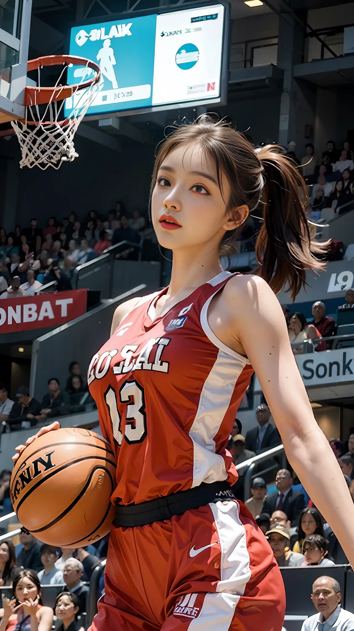 Woman in basketball suit, slam dunk
