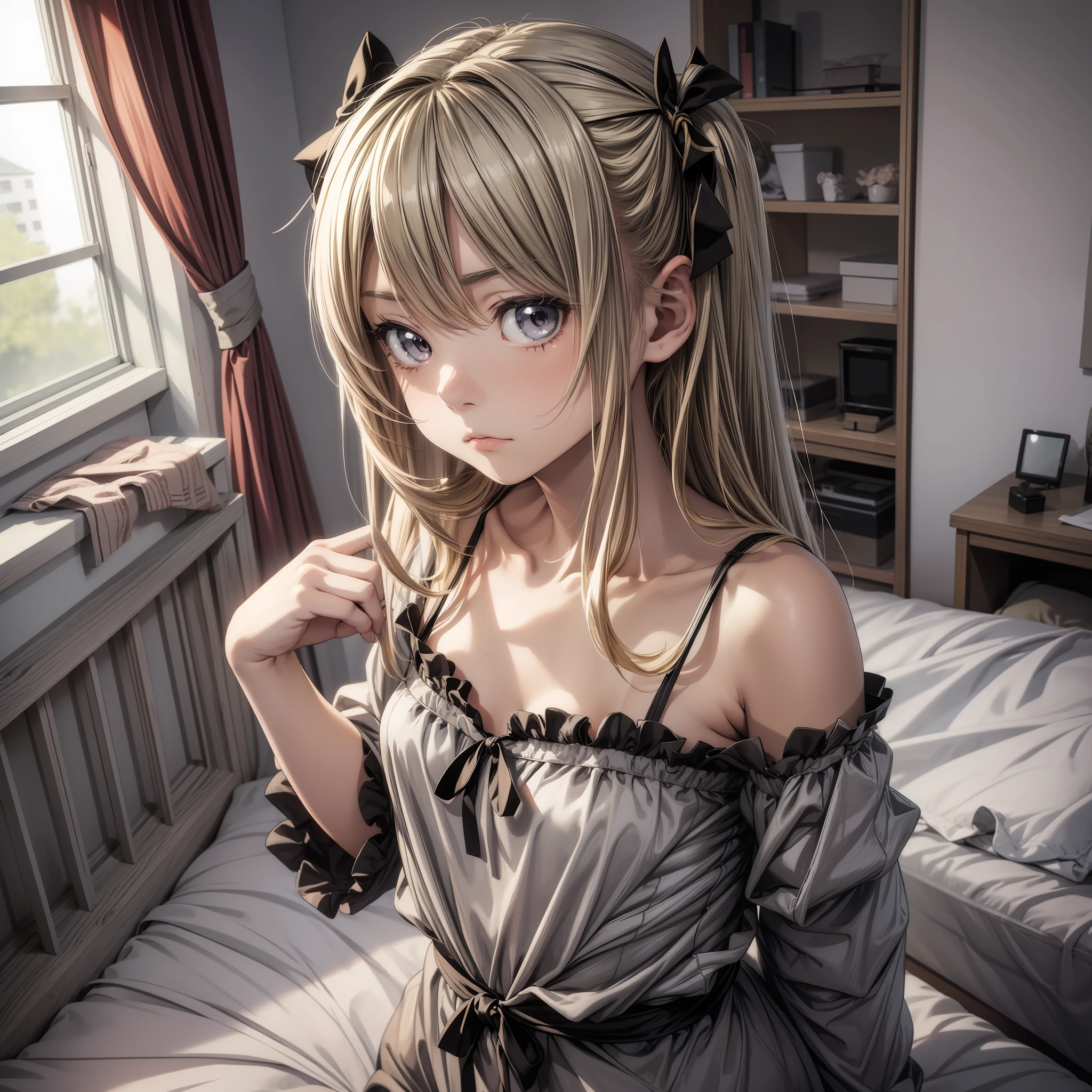 Anime style, blonde girl, (loli), small gray eyes, black hair with ribbon, sleepwear, small breasts, thin waist, (indifferent expression), in bedroom, bed, night, open window, (messy bed), perfect hands, masterpiece, 8k, high quality, high definition