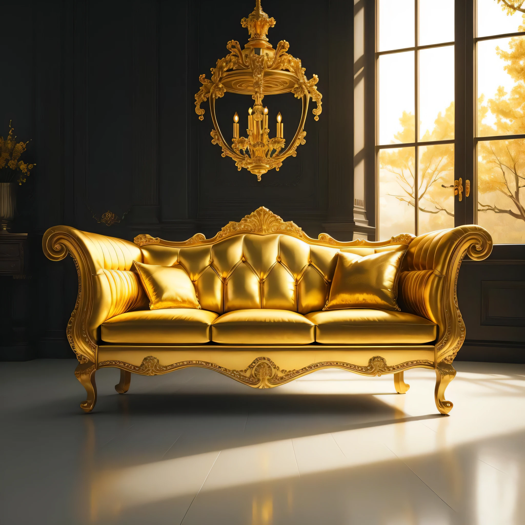 a sofa, goldcarvingcd, high quality, masterpiece, realistic, photorealistic, long-focus, indoors, full body