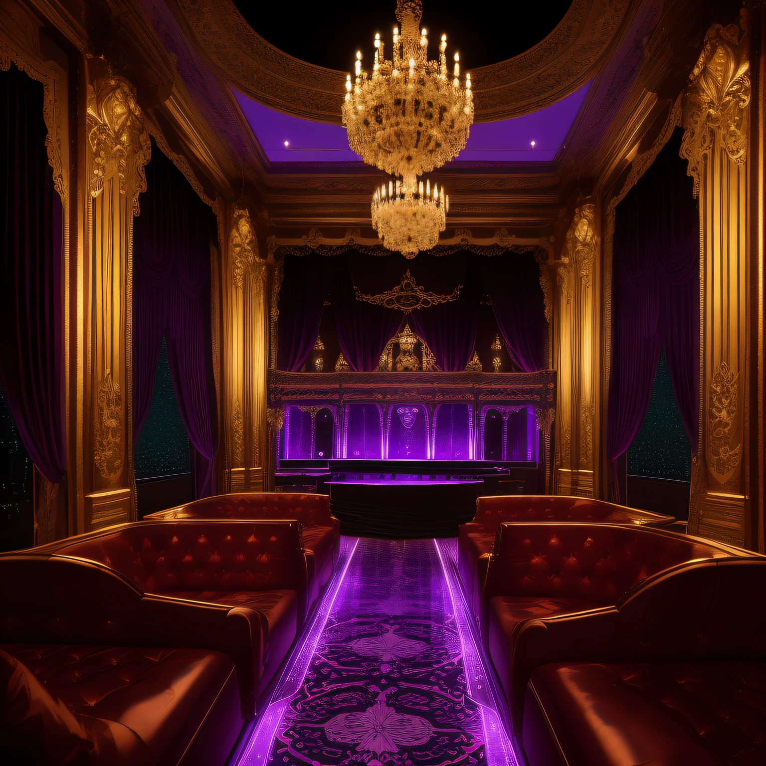 An opulent nightclub with a glitzy exterior, its walls covered in metallic accents and illuminated by flashing lights. Inside, a grand dance floor is surrounded by plush velvet seating and ornate metalwork details. A stage at one end of the room showcases a live band or cabaret act, while bartenders mix cocktails behind a gleaming bar., Shadows, Tilting, pool light, ambient, kicker light,