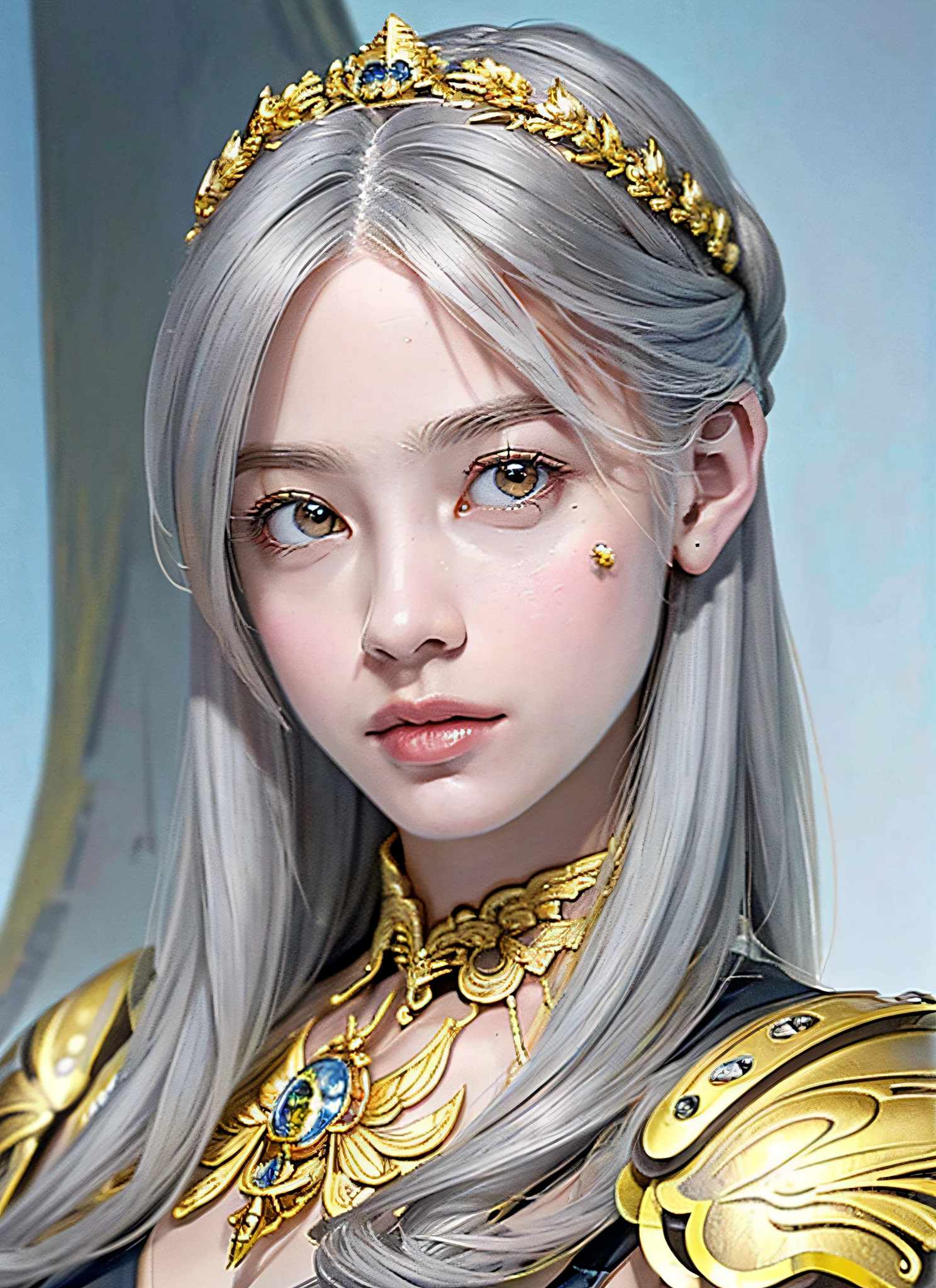 (Realistic, Portrait: 2.3), Complex Details, Big, Sexy Swimsuit, (Surreal), (Illustration), (High Resolution), (8K), (Very Detailed), (Best Illustration), (Beautiful Detailed Eyes), (Best Quality), (Ultra Detailed), Intricate Detail Jewels (Detailed Women's Armor: 1.3), (Gorgeous Gold Armor: 1.3), 1 Girl, Solo, Long Hair, Wind, Gorgeous Face, Top Quality, Masterpiece, Maximum Detail, Diffused Lighting, (Gray Hair: 1.3), Valhalla Valkyrie, Mechanical Arm, Beauty,