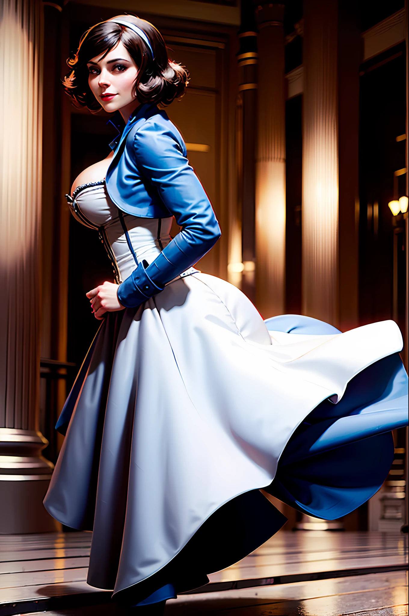 masterpiece, high resolution, photorealistic, best quality, perfect lighting, adult, mature, female, 1girl, solo, library, castle, elizabeth_bioshock, blue jacket, dress, white corset, dancing, happy, smile, huge, gigantic breasts, narrow waist, hair band, petite arms, thin legs