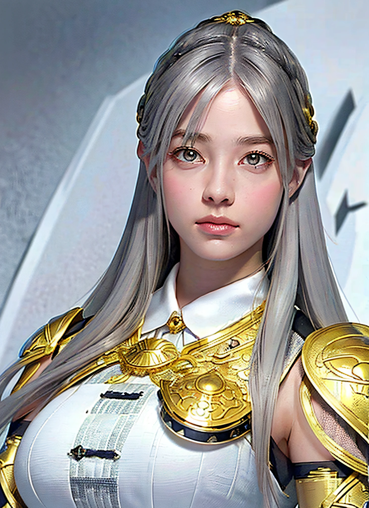 (Realistic, Portrait: 2.3), Complex Details, Big, Sexy Swimsuit, (Surreal), (Illustration), (High Resolution), (8K), (Very Detailed), (Best Illustration), (Beautiful Detailed Eyes), (Best Quality), (Ultra Detailed), Intricate Detail Jewels (Detailed Women's Armor: 1.3), (Gorgeous Gold Armor: 1.3), 1 Girl, Solo, Long Hair, Wind, Gorgeous Face, Top Quality, Masterpiece, Maximum Detail, Diffused Lighting, (Gray Hair: 1.3), Valhalla Valkyrie, Mechanical Arm, Beauty,
