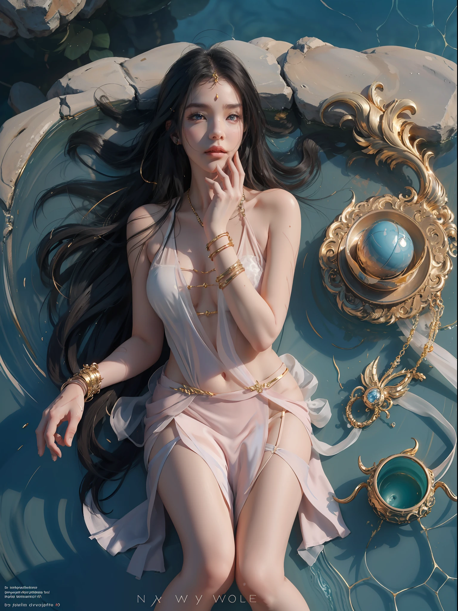 A Buddhist Bodhisattva Girl, (Masterpiece, Top Quality, Best Quality, Official Art), (KPOP idol), (Super Long Hair, Messy Long Flowing Hair, Light Pink Long Hair), Delicate Jewelry, Delicate Bracelet, Delicate Hair Ornament, High Feeling, Aperture in the Back, Fairy Fluttering, Looking Up View, Barefoot, Golden Bracelet on Ankle, Ancient Chinese Costumes, (Conservative Clothes), (Gorgeous Silk, Flowing Tulle, Flying Silk Around), dazzling background, Golden aperture on the back, gold Falun on the back, best light, best shadow, movie lighting, mystery, background pure black with ring aperture, ultra HD, 8k, fair skin, Wolp_style, duhuang_style, upper body close-up, detailed face, (sideways: 1.5), 28 years old, 1girl, well-dressed, super long clothes, one leg on the ground, left hand to do Buddha hand on chest, the other raised above the head to do bergamot, surrealism, photo, realistic,{(Surfacing from the clear pool,(Splashes around the body: 2.0), Splashes, Water ripples)}, (Wet clothes: 1.5) (Wet body: 3.0), (Wet hair: 1.5)}, Mid-chest, 48KG weight, smooth skin, light blue pupils, detailed eye painting, (Super white skin, supple skin), (Face focus, bending over to look at the camera, snap), light hitting the face