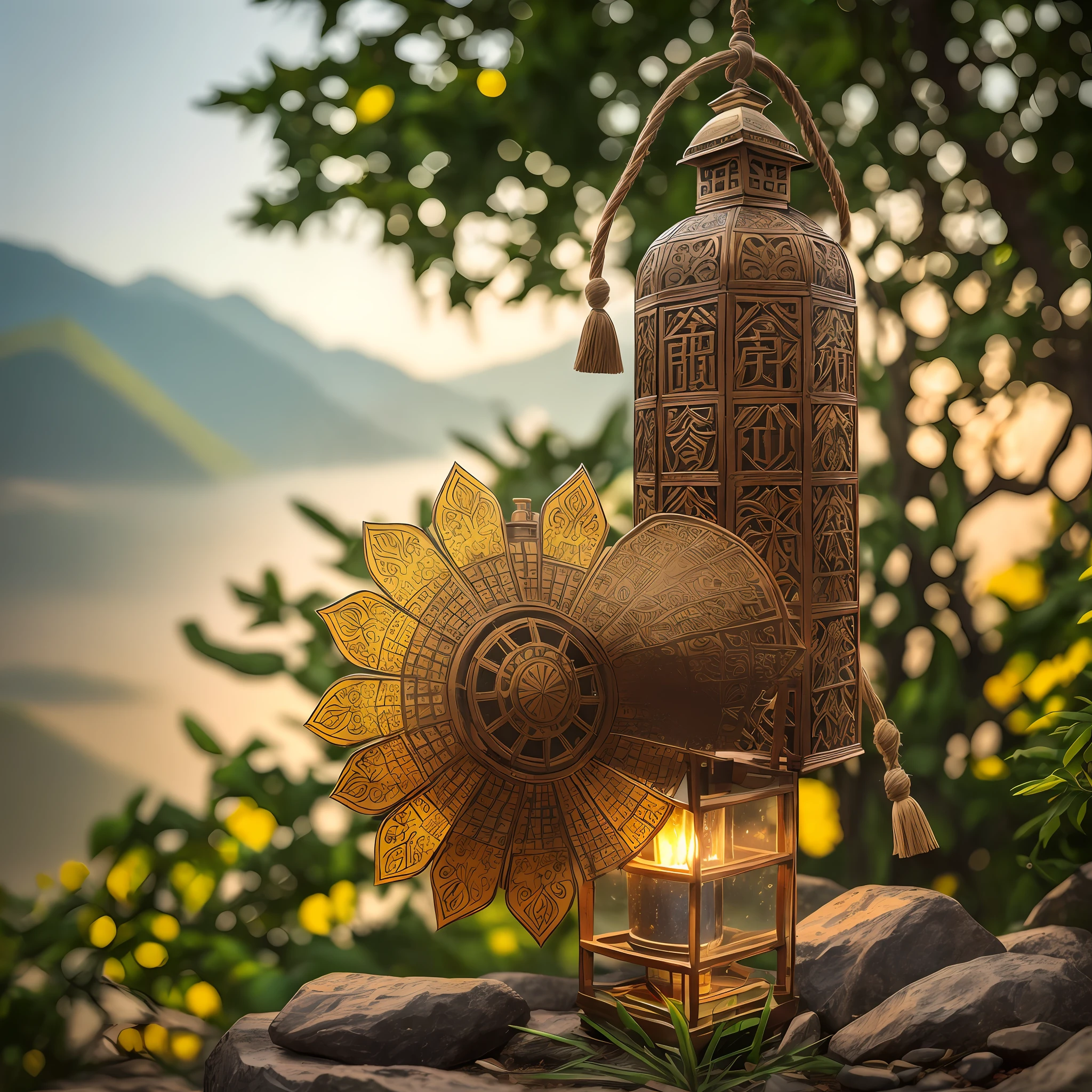 A picture of a liquor product of the Haige brand, In the Chinese style scene, There are mountains, Water ancient book lantern, Preserve bottle color, sunbeams, Natural Lighting, Soft light, Blazing yellow, Colorful embellishments, product photography, Commercial Photography, Realistic and realistic, intricated details, 32K quality, telephoto lens, sony lens, high quality --auto --s2