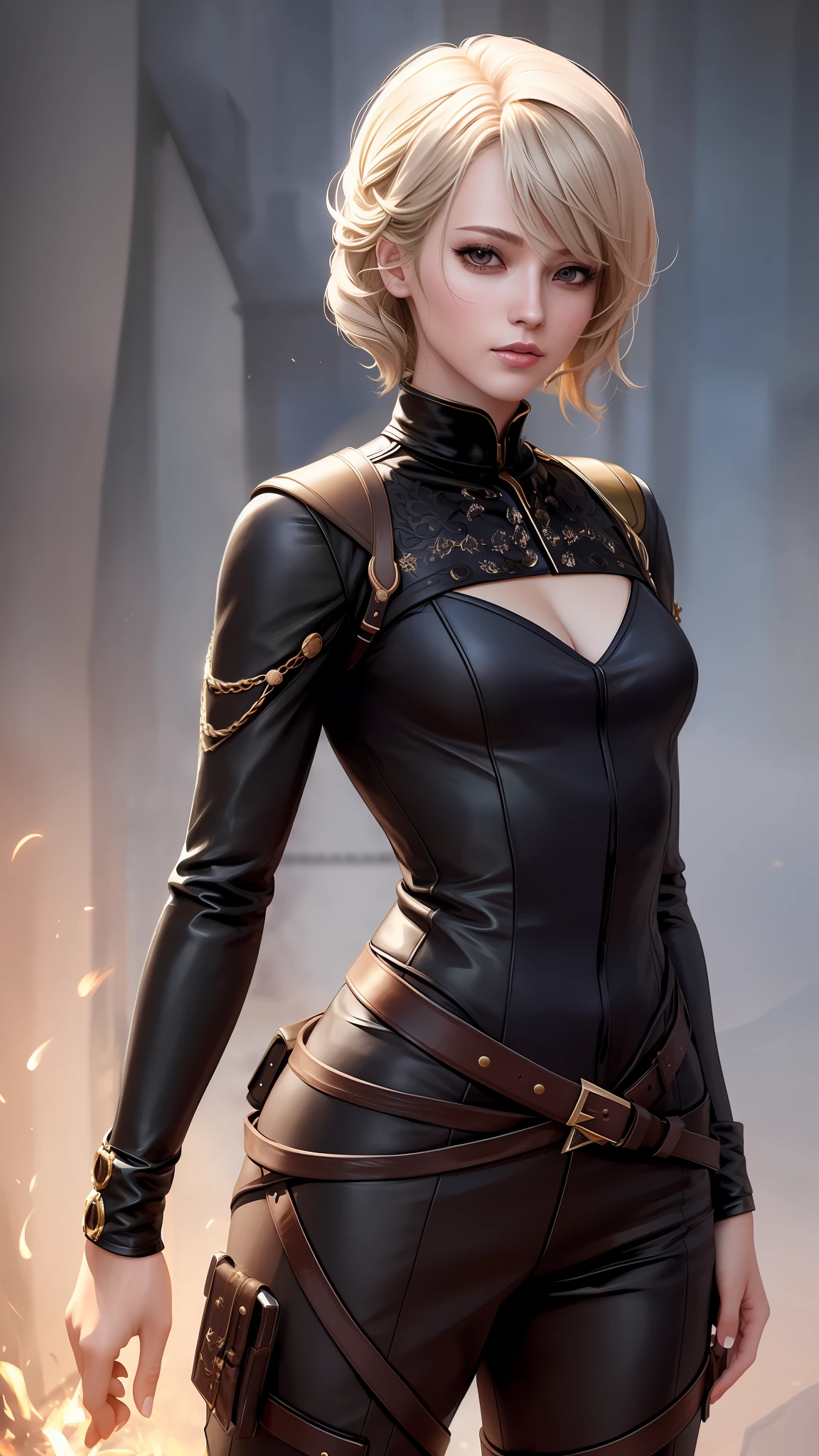 there is a woman in a leather outfit holding a gun, alexandra fomina artstation, stunning character art, in leather armor, epic exquisite character art, wearing leather assassin armor, by Yang J, highly detailed exquisite fanart, beautiful female assassin, extremely detailed artgerm, trendin on artstation, eve ventrue, full body cgsociety, fanart best artstation