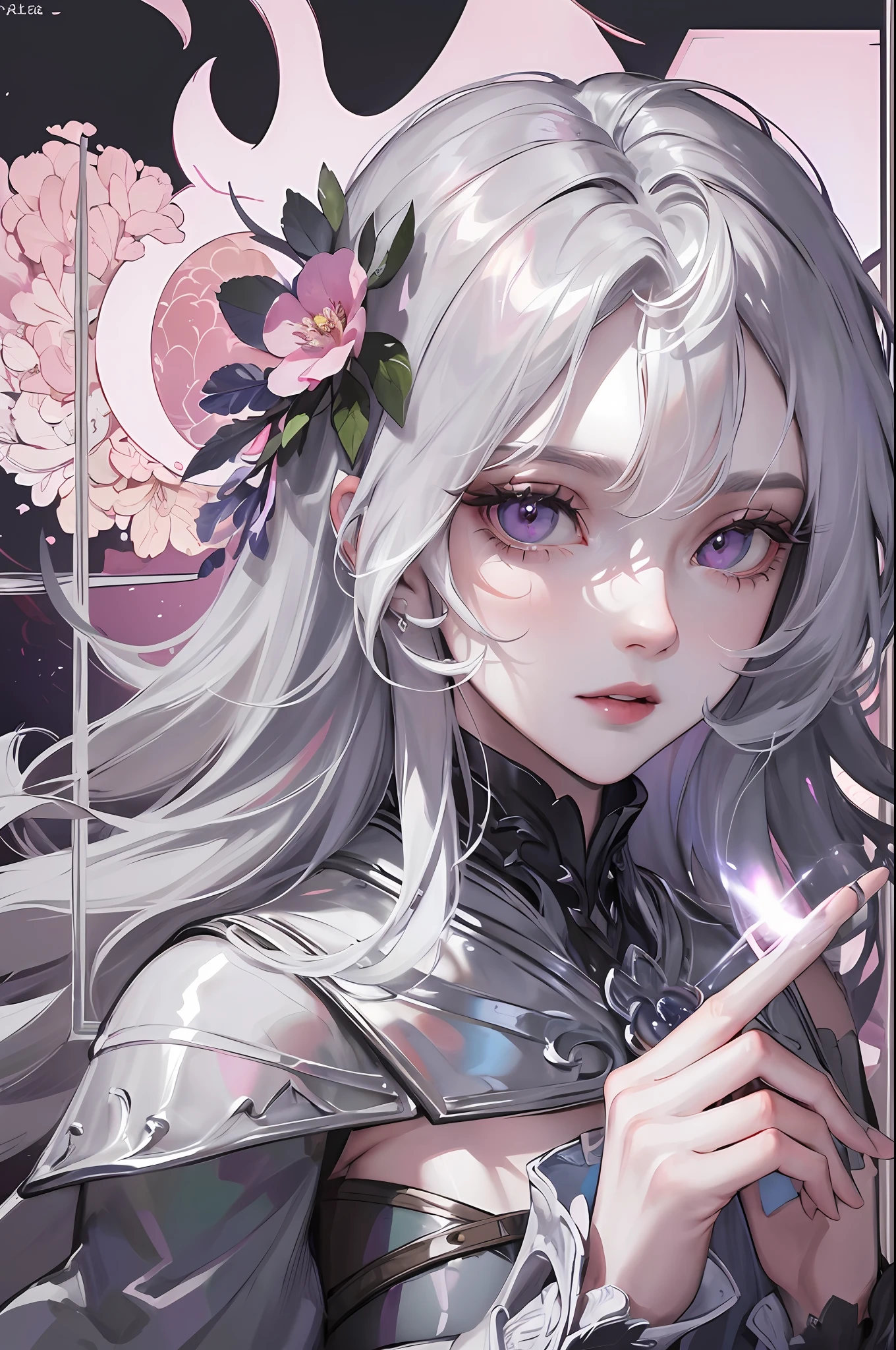 masterpiece, best quality, night, full moon, one girl, mature woman, pitying look, silvery-white long-haired woman, pale pink lips, calm, intelligent, three bands,precise gray pupil, sorrow-assassin, short knife, flower ball background, hand details, finger details, face details, eye details,
