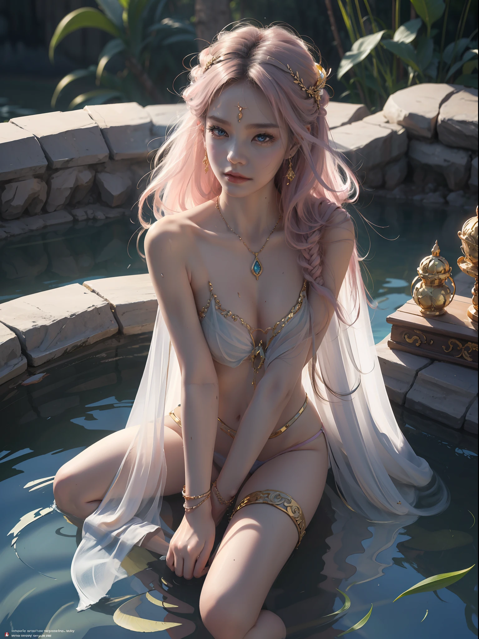 A Buddhist Bodhisattva Girl, (Masterpiece, Top Quality, Best Quality, Official Art), (KPOP idol), (Super Long Hair, Messy Long Flowing Hair, Light Pink Long Hair), Delicate Jewelry, Delicate Bracelet, Delicate Hair Ornament, High Feeling, Aperture in the Back, Fairy Fluttering, Looking Up View, Barefoot, Golden Bracelet on Ankle, Ancient Chinese Costumes, (Conservative Clothes), (Gorgeous Silk, Flowing Tulle, Flying Silk Around), dazzling background, Golden aperture on the back, gold Falun on the back, best light, best shadow, movie lighting, mystery, background pure black with ring aperture, ultra HD, 8k, fair skin, Wolp_style, duhuang_style, upper body close-up, detailed face, (sideways: 1.5), 28 years old, 1girl, well-dressed, super long clothes, one leg on the ground, left hand to do Buddha hand on chest, the other raised above the head to do bergamot, surrealism, photo, realistic,{(Surfacing from the clear pool,(Splashes around the body: 2.0), Splashes, Water ripples)}, (Wet clothes: 1.5) (Wet body: 3.0), (Wet hair: 1.5)}, Mid-chest, 48KG weight, smooth skin, light blue pupils, detailed eye painting, (Super white skin, supple skin), (Face focus, bending over to look at the camera, snap), light hitting the face