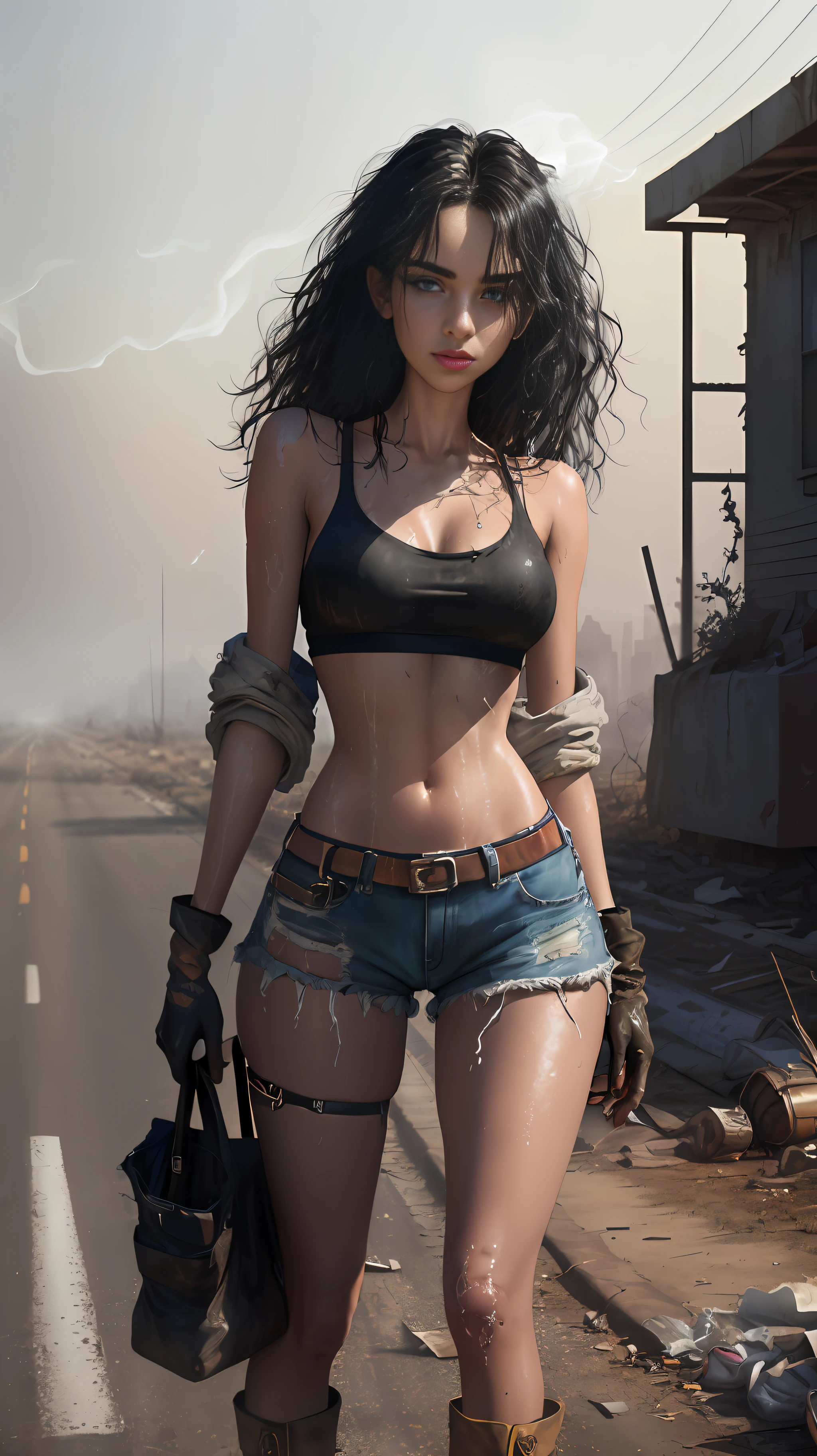 Yael Shelbia (beautiful and bold, seductive and attractive, blue eyes, pointed breasts, long curly black hair, sweaty body, open shirt, short shorts, boot, short glove, thick legs). (deserted road, dirt road, smoke, abandoned cars, newspapers, abandoned objects, bodies lying on the ground, abandoned road, apocalyptic scenery, cinematic effect), (Best quality, masterpiece, depth of field, Full HD, 4K, richness of detail). Portrait style