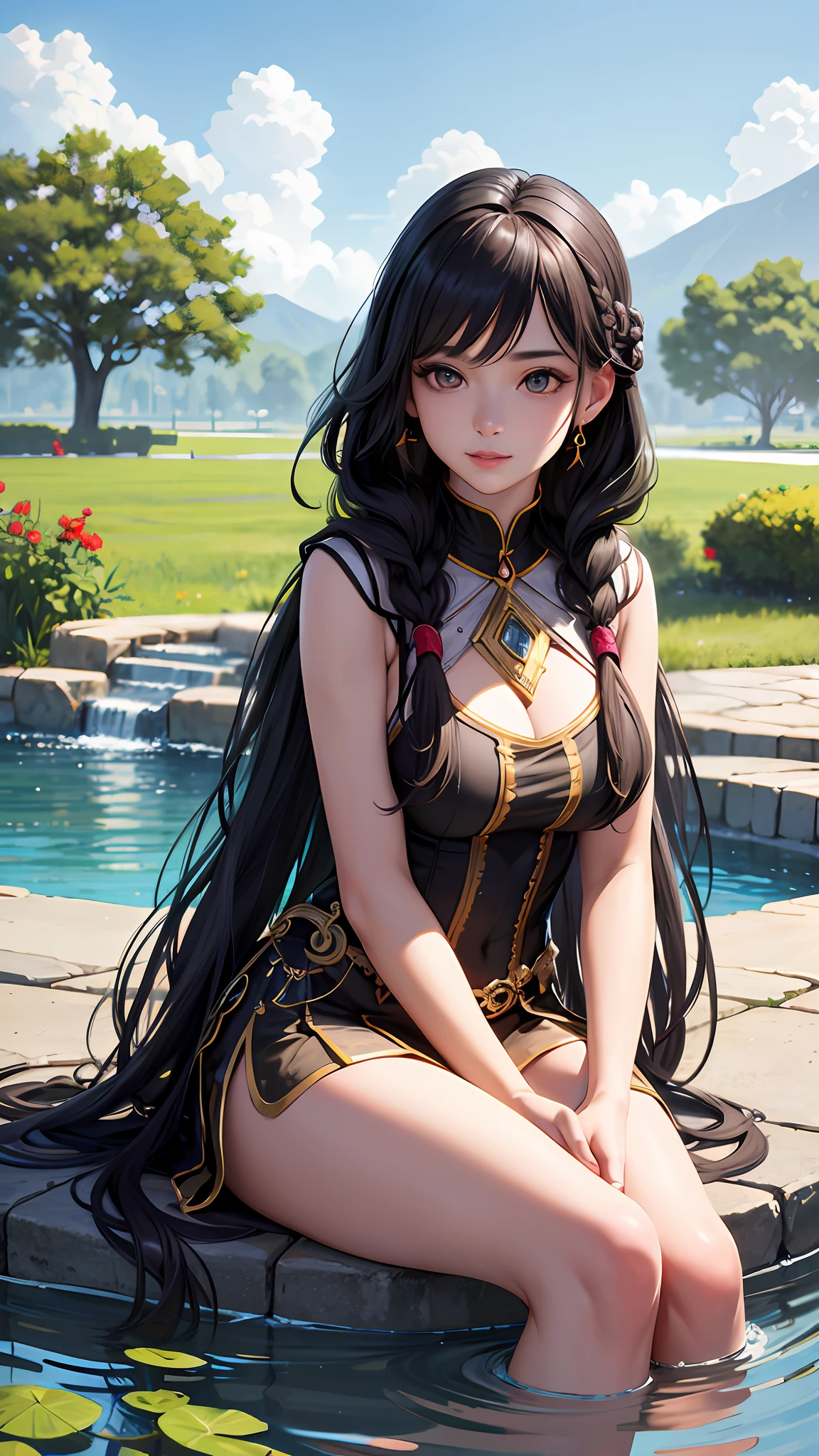 (photorealistic), (unparalleled masterpiece, sidelighting, finely detailed beautiful eyes: 1.2), (detailed background ancient kingdom), 1 female, ultra realistic 8k CG, perfect artwork,upper body, shiny long black hair, braided hair, lustrous skin, realistic, 3d face, fully clothed, unexposed skin, black and white clothing, perfect female figure, cheerful, captivating, sitting beside a pond, feet dipping in water