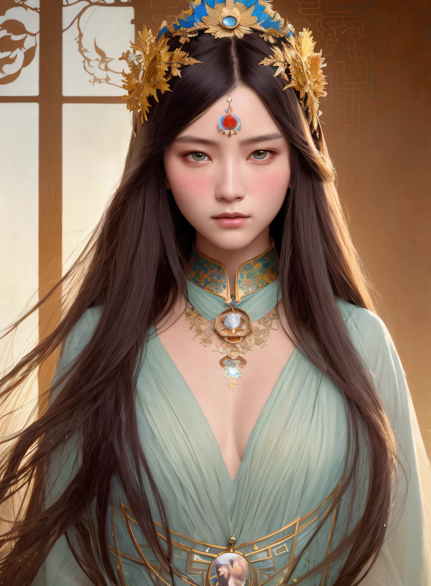 High quality, masterpiece, masterpiece, exquisite facial features, exquisite hair, exquisite eyes, exquisite color hair, 4K picture quality, gorgeous light and shadow, Tyndall effect, halo, messy hair, young state, gorgeous scene, exquisite clothes, chains, feathers, ancient chinese beauty with big eyes very detailed, digital painting, artstation, concept art, sharp focus, illustration, art by greg rutkowski and alphonse mucha and victo ngai