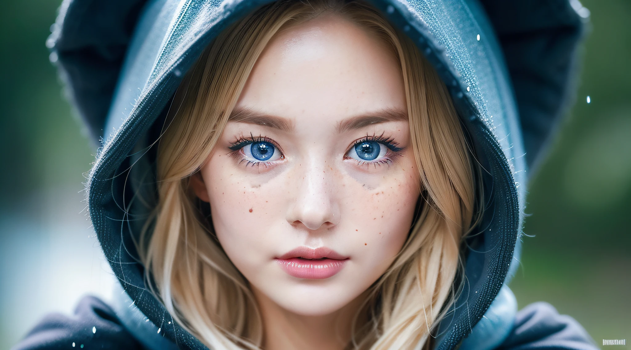 a close up of a woman with a hood on in the rain, rain drops on face, detailed unblurred face, impossibly beautiful portrait, raining portrait, ultra beautiful face, watery blue eyes, extremely realistic photo, beautiful and realistic faces, detailed perfect face, by irakli nadar, with freckles, blue eyes on the face, highly realistic photo