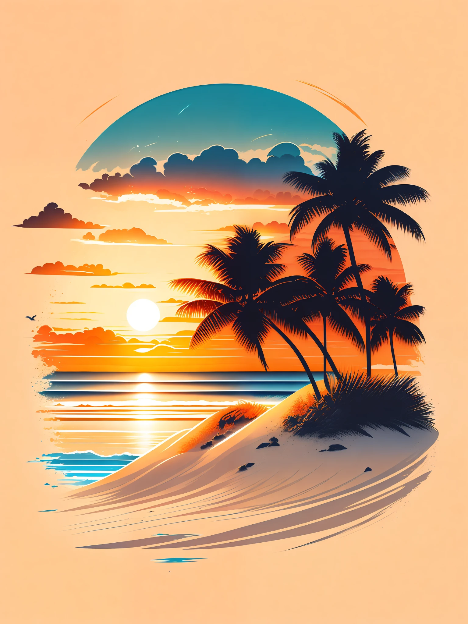 Sunset on the beach, white sand, epic composition, t-shirt design, rzminjourney, vector art