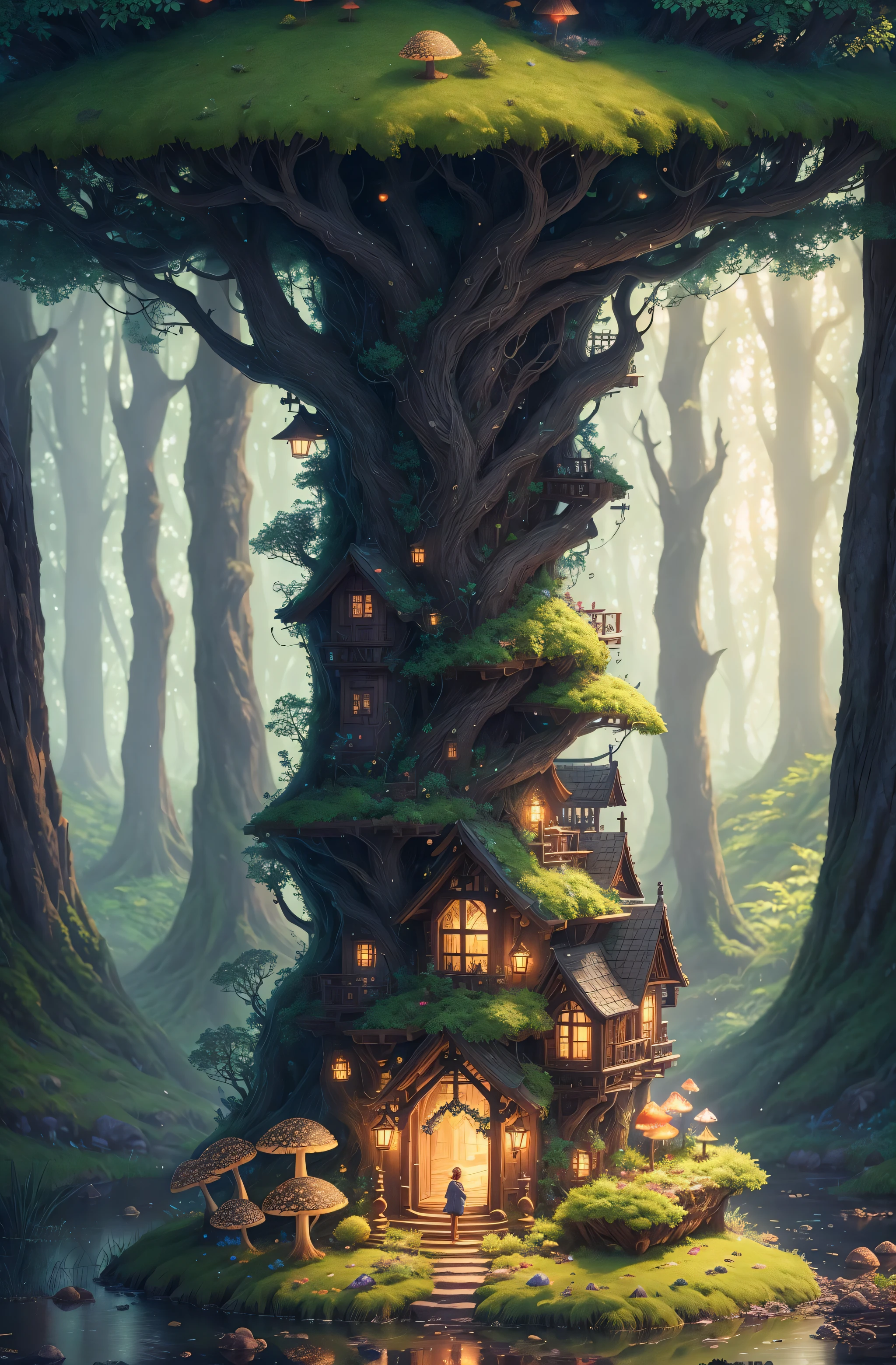 masterpiece, best quality, high quality,extremely detailed CG unity 8k wallpaper, An enchanting and dreamy scene of a fantasy forest, with towering trees, glowing mushrooms, and hidden fairy glens, creating a sense of mystique and enchantment, artstation, digital illustration, intricate, trending, pastel colors, oil paiting, award winning photography, Bokeh, Depth of Field, HDR, bloom, Chromatic Aberration ,Photorealistic,extremely detailed, trending on artstation, trending on CGsociety, Intricate, High Detail, dramatic, art by midjourney