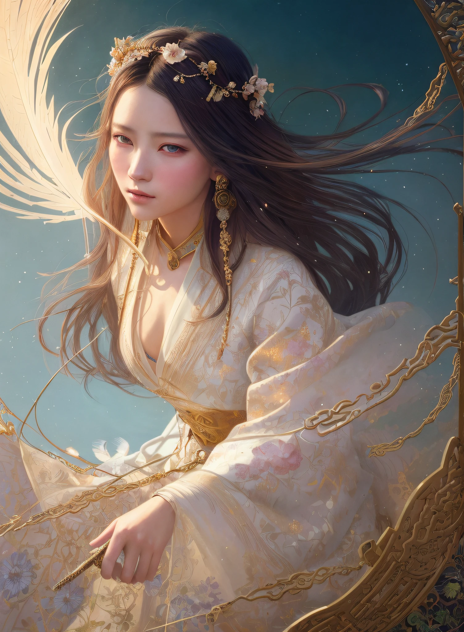 High quality, masterpiece, masterpiece, exquisite facial features, exquisite hair, exquisite eyes, exquisite color hair, 4K picture quality, gorgeous light and shadow, Tyndall effect, halo, messy hair, young state, gorgeous scene, exquisite clothes, chains, feathers, ancient chinese beauty with big eyes very detailed, digital painting, artstation, concept art, sharp focus, illustration, art by greg rutkowski and alphonse mucha and victo ngai