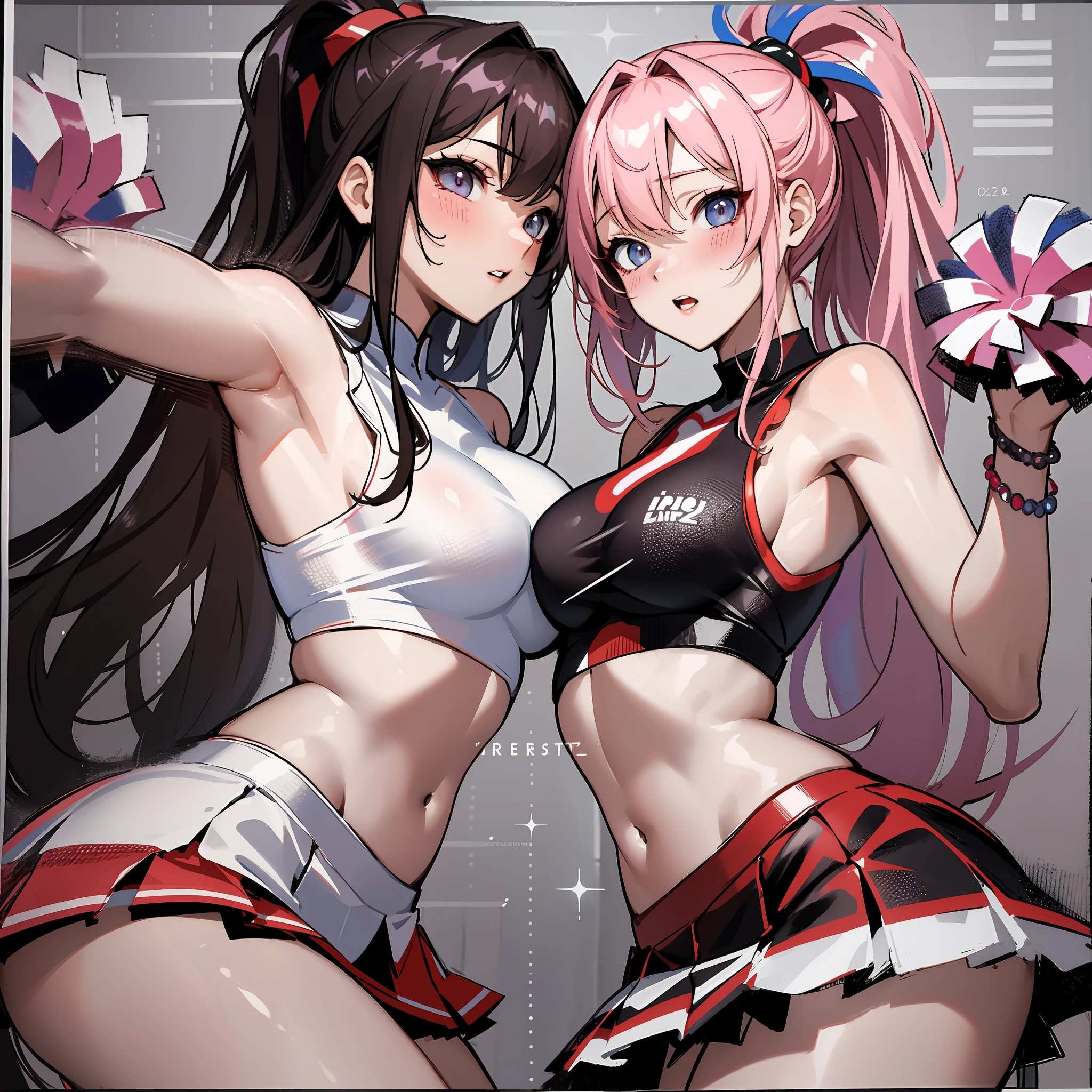 master-piece,hyper quality, hyper detailed,perfect drawing,two beautiful girls, cheerleader, sleeveless shirt, miniskirt, ansko, pom-pom, lovers, staring at each other, hugging each other's breasts pressing, staring at each other, moist eyes, half-open lips, beautiful, blush (0.2), sensual, seductive, Ecstasy, indulgents, indulgence, bust up, forward light, shooting from the front diagonally below, precise drawing, detailed drawing, accurate human body structure,