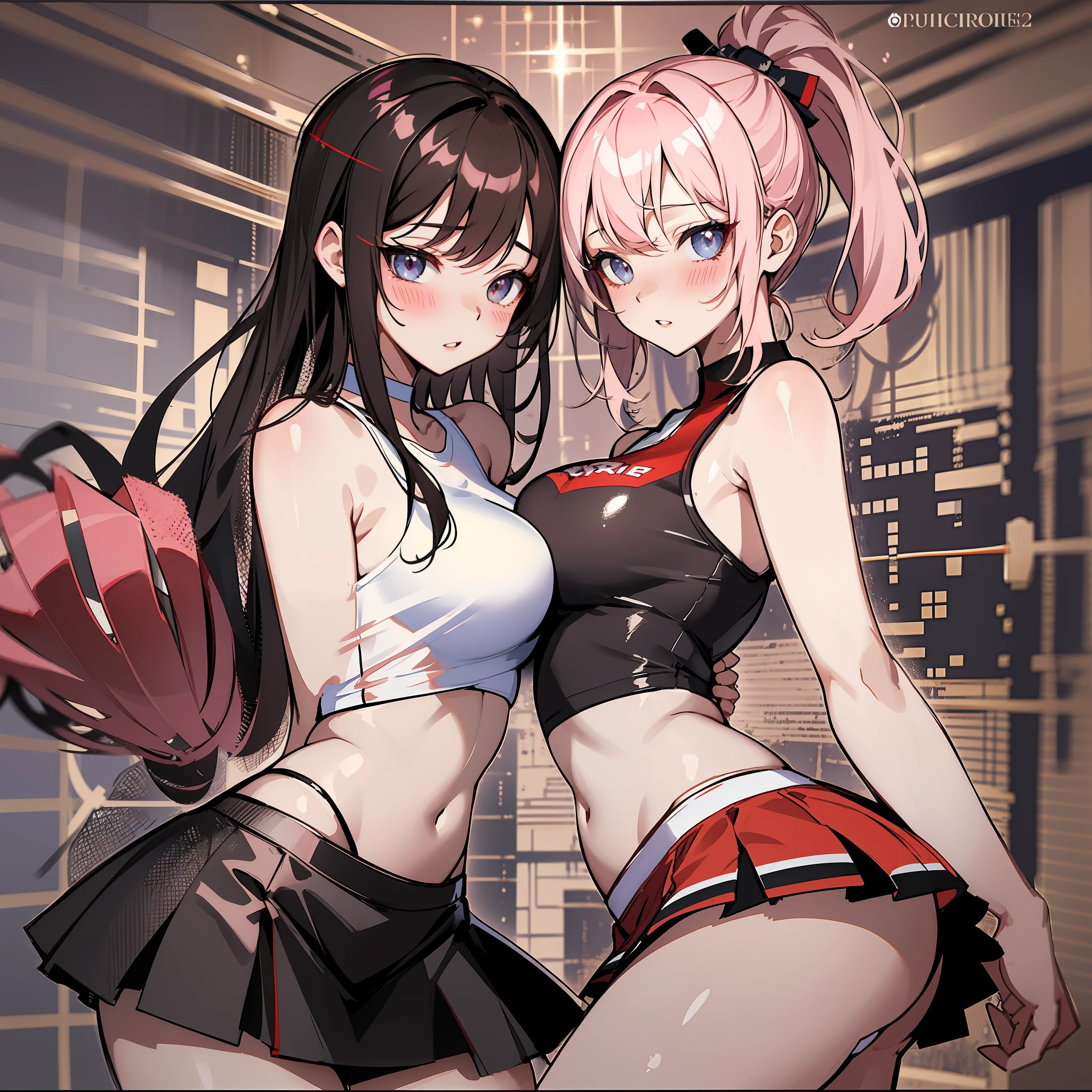 master-piece,hyper quality, hyper detailed,perfect drawing,two beautiful girls, cheerleader, sleeveless shirt, miniskirt, ansko, pom-pom, lovers, staring at each other, hugging each other's breasts pressing, staring at each other, moist eyes, half-open lips, beautiful, blush (0.2), sensual, seductive, Ecstasy, indulgents, indulgence, bust up, forward light, shooting from the front diagonally below, precise drawing, detailed drawing, accurate human body structure,