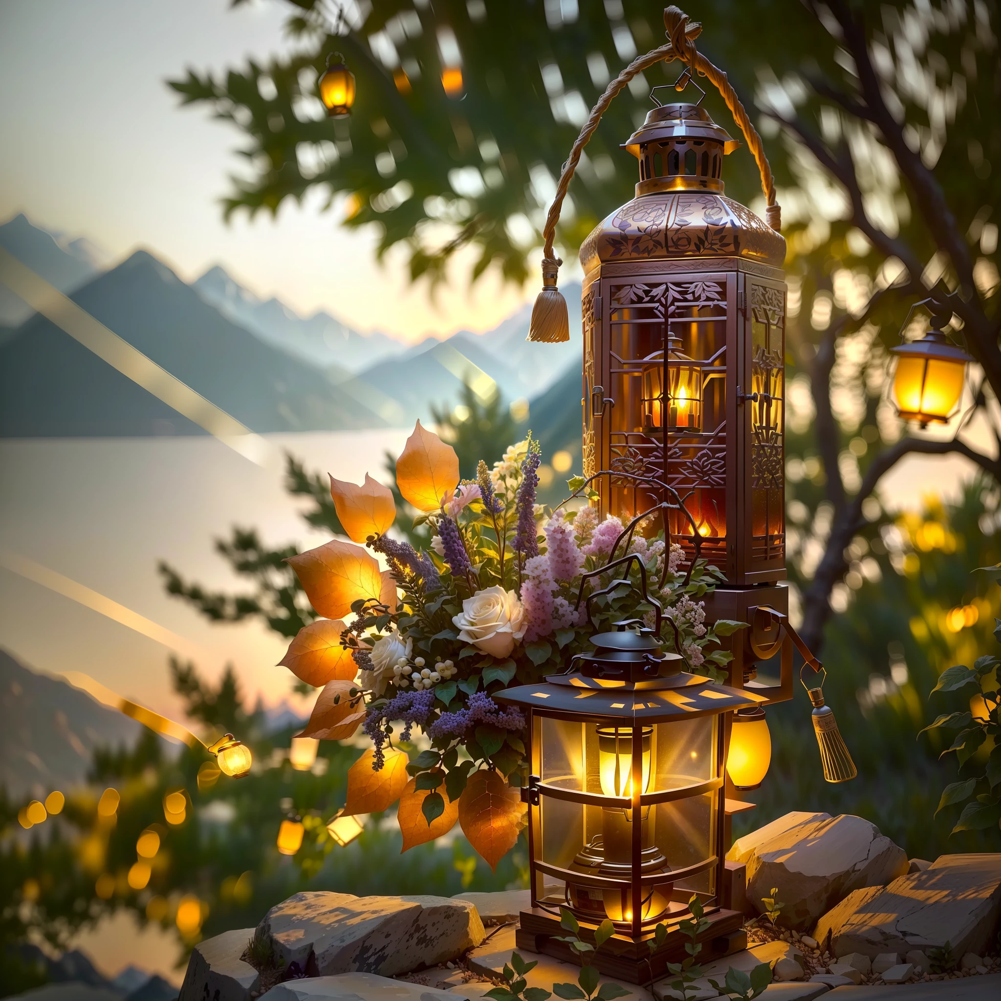 There is a bottle of liquor on the rock, and wine glass wine dispenser, beside the lantern light, very detailed scene, soft primetime lights, golden hour, sunlight illuminating the mountains, golden hour intricate, radiant morning light, filtered evening light, at night, summer lights, lanterns, sunny morning light, golden hour lights, summer morning light, golden morning light, beautiful detail scenes