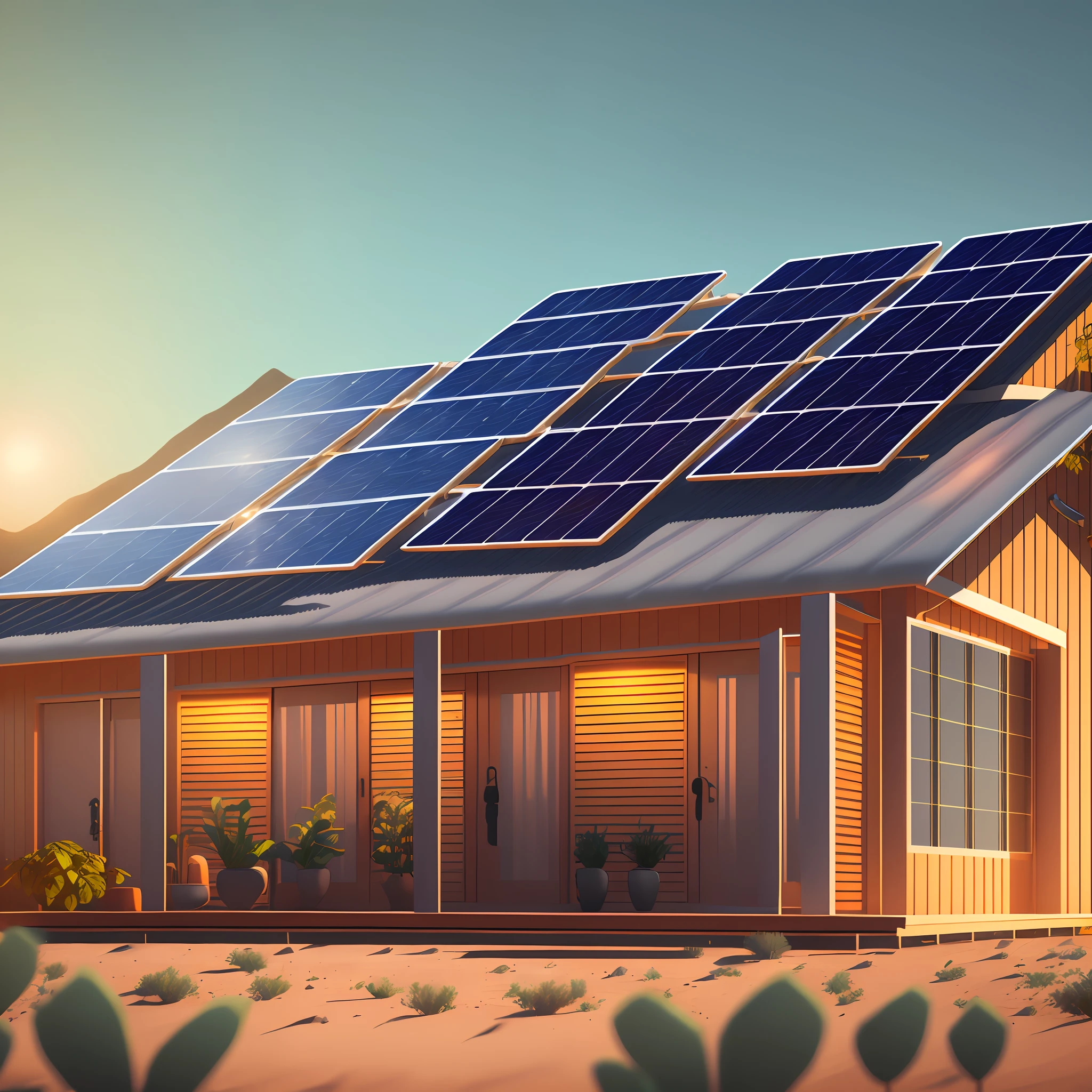 a high-resolution webpage banner to showcase a new  450W bifacial solar panel in off-the-grid home scenario, Dji, Anker or eco flow banner style, between photograph and C4D rendering, cinematic lighting, modern, with solar tracker and bifacial solar panel on it --auto --s2