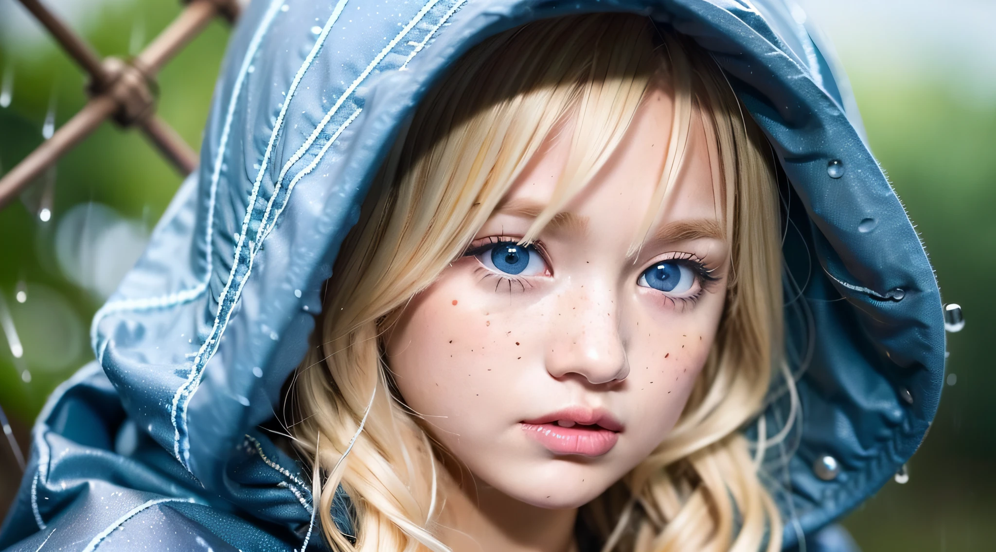 A closeup of a BLONDE CHILD with a hood in the rain, raindrops on the face, detailed face without blur, impossibly beautiful portrait, raining portrait, ultra beautiful face, watery blue eyes, extremely realistic photo, beautiful and realistic faces, detailed perfect face, by Irakli Nadar, with freckles, blue eyes on face, highly realistic photo