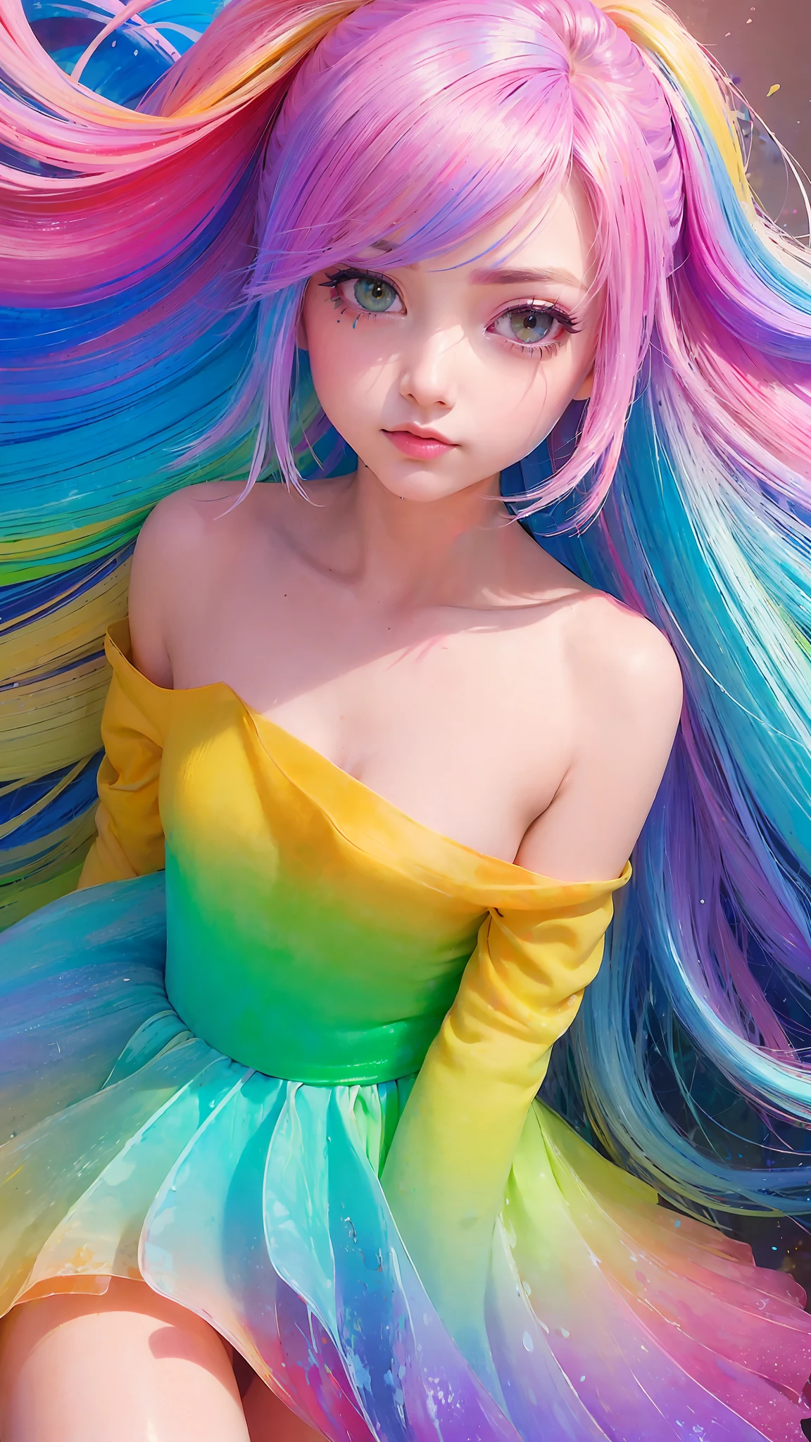 (Pink Fashion T-shirt:1.9),(Colorful hair: 1.8), (all the colours of the rainbow: 1.8),(((((vertical painting:1.6))), (painting:1.6),front, comics, illustrations, paintings, large eyes, crystal clear eyes,( rainbow color gradient high ponytail:1.7), exquisite makeup, closed mouth,(Small Fresh: 1.5),(Wipe Chest: 1.6) ,long eyelashes, white off shoulder T-shirt, White Shoulder Shirt,looking at the audience, large watery eyes, (rainbow colored hair:1.6), color splash, (solo:1.8), color splash, color explosion, thick paint style, messy lines, ((shining)),(colorful), (colorful), (colorful), colorful, Thick Paint Style, (Splash) (Color Splash), Vertical Painting, Upper Body, Paint Splash, Acrylic Pigment, Gradient, Paint, Highest Image Quality, Highest Quality, Masterpiece, Solo, Depth of Field, Face Paint, colorful clothes, (Elegant: 1.2), gorgeous,long hair, wind, (Elegant: 1.3), (Petals: 1.4),(((masterpiece))),(((best quality))),((ultra-detailed)),(illustration),(dynamic angle),((floating)),(paint),((disheveled hair)),(solo),(1girl) , (((detailed anima face))),((beautiful detailed face)),collar,bare shoulders,white hair, ((colorful hair)),((streaked hair)),beautiful detailed eyes,(Gradient color eyes),(((colorful eyes))),(((colorful background))),(((high saturation))),(((surrounded by colorful splashes))),
