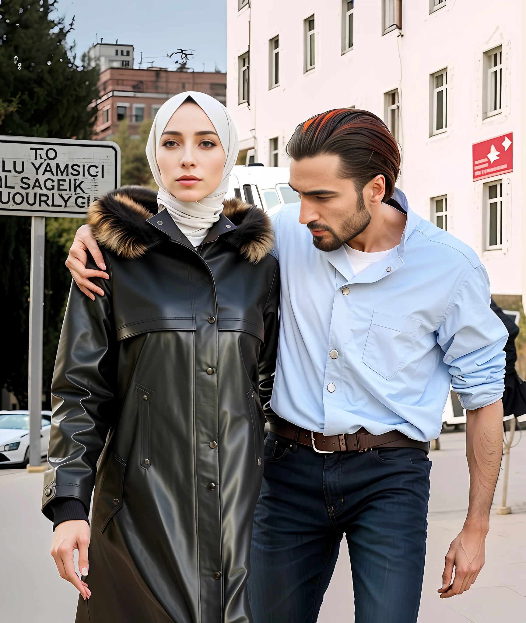 there is a man and woman walking down the street together, hijab, aykut aydogdu, emir, realistic art, looks like ebru şahin, fallout style istanbul, wearing leather coat, serena malyon, enes dirig, wearing black leather trenchcoat, internet meme, skintight jet black leahter coat, muslim, ((oversaturated))