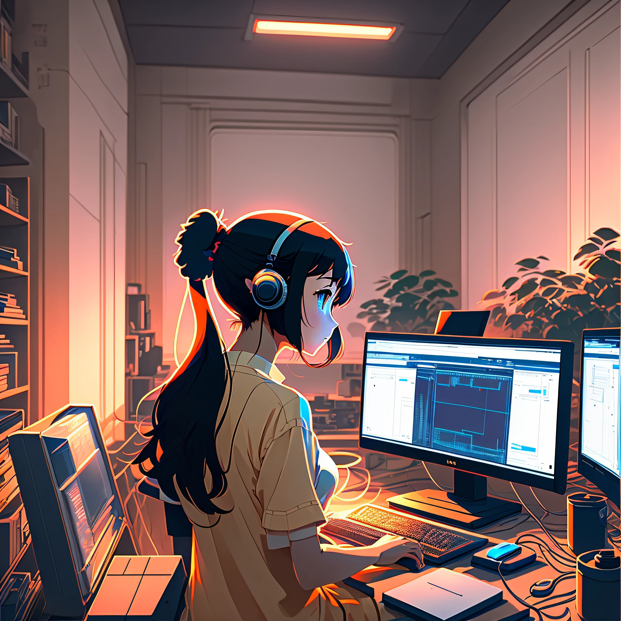 Create a high resolution artwork of Anime Girl is programming at a computer in a room full of gadgets, web developer, by makoto shinkai and ghibli studio, outlined silhouettes, dramatic lighting, highly detailed, incredible quality, trending on artstation, masterpiece, 8k --auto --s2